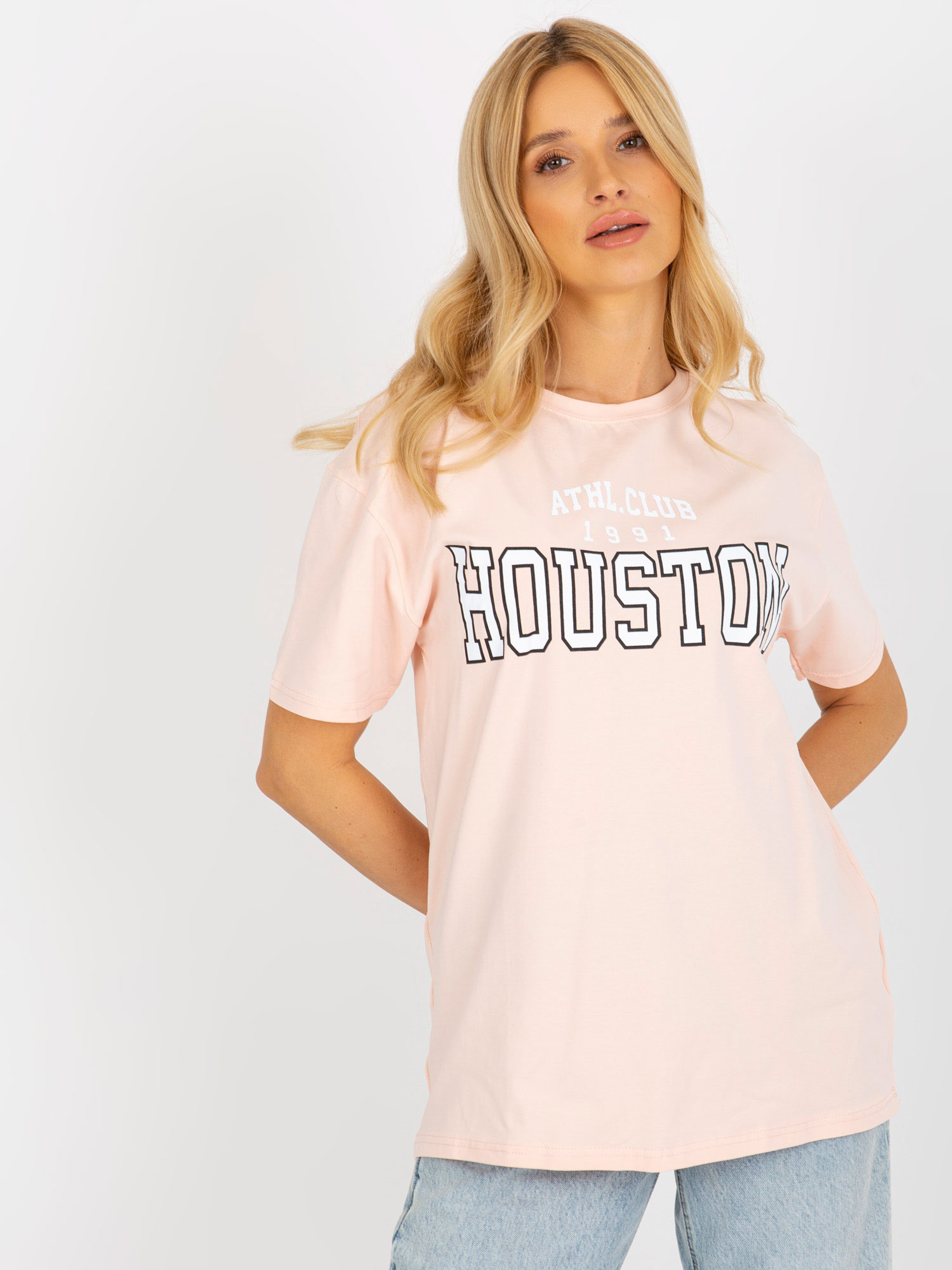 Broskyňové voľné tričko s nápisom EM-TS-527-1.26X-peach Veľkosť: ONE SIZE