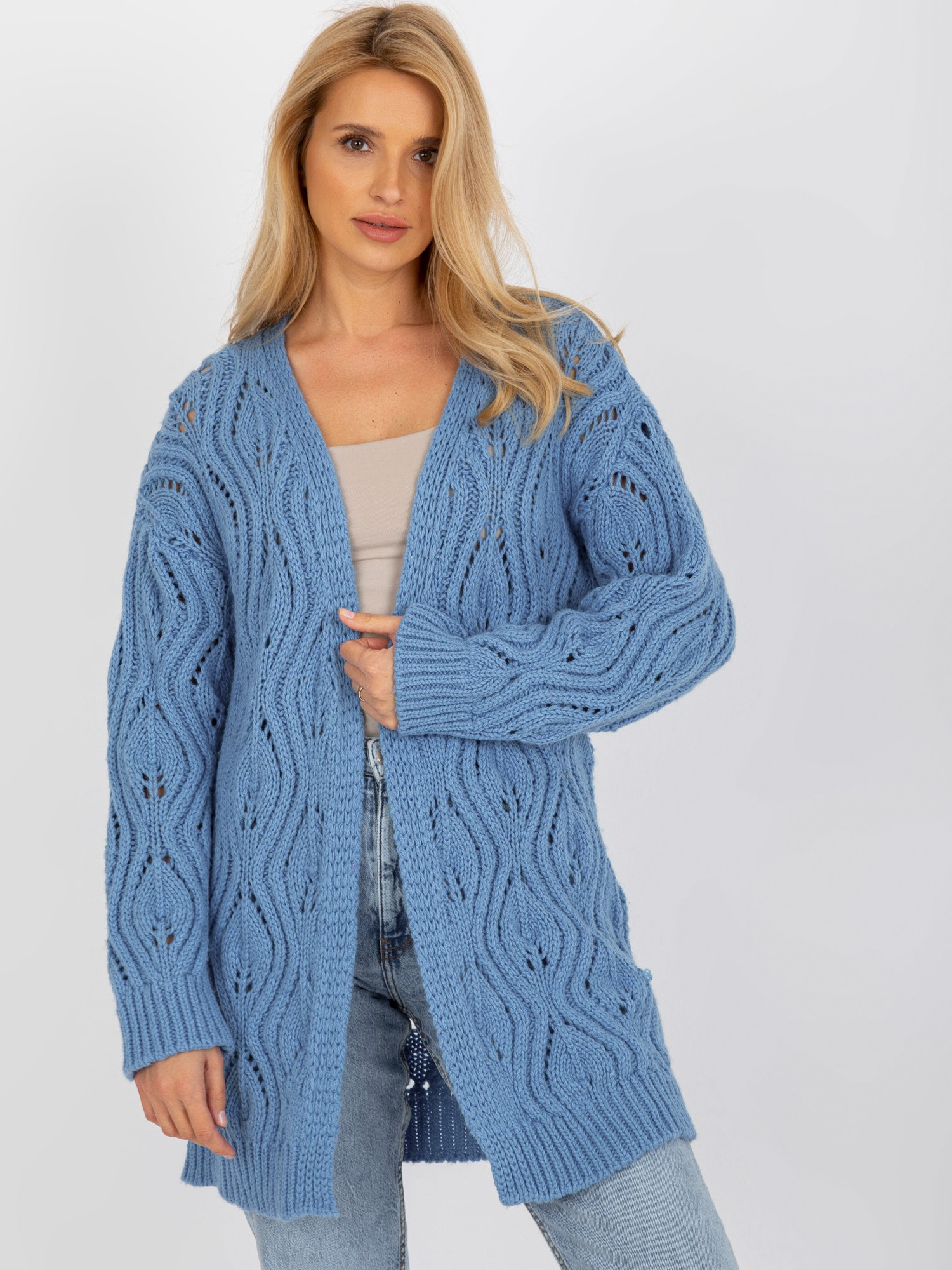 Modrý kardigan so vzormi BA-SW-3021.00P-blue Veľkosť: ONE SIZE