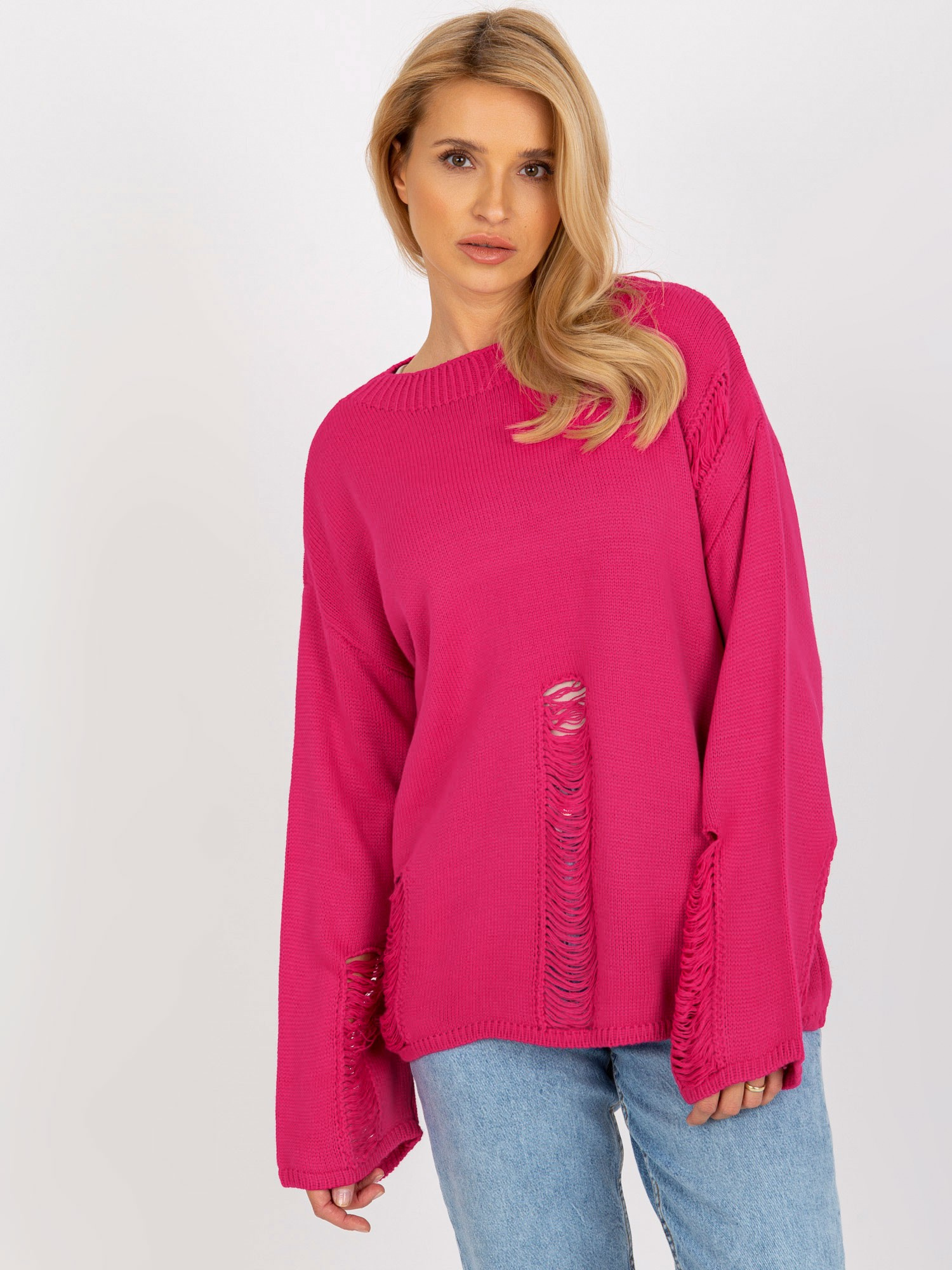 Fuchsiový dierkovaný sveter BA-SW-8043.08X-fuchsia Veľkosť: ONE SIZE