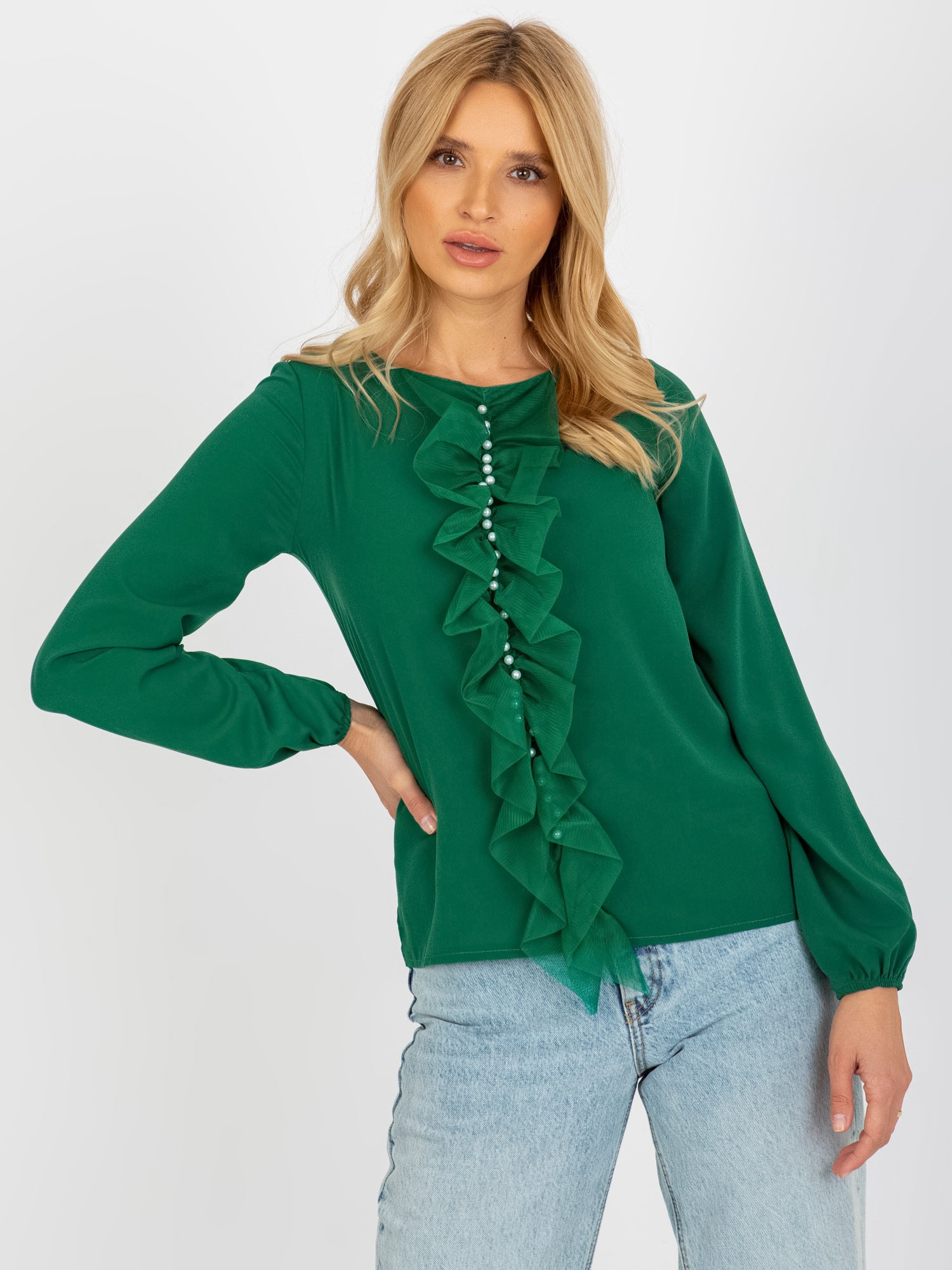 Tmavozelená blúzka s aplikáciou LK-BZ-506673.36-dark green Veľkosť: 40