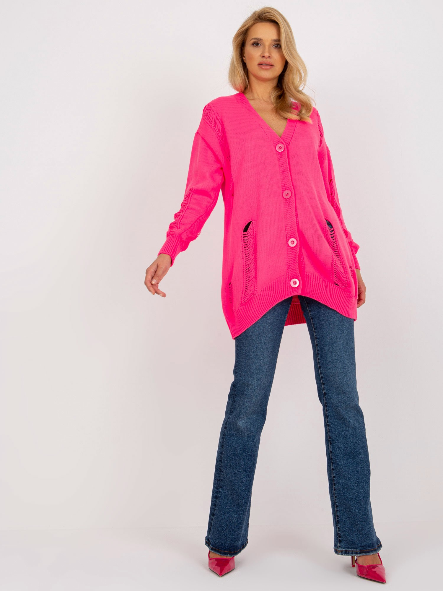 Neónovo-ružový kardigan s dierami -LC-SW-8042.69-neon pink Veľkosť: ONE SIZE