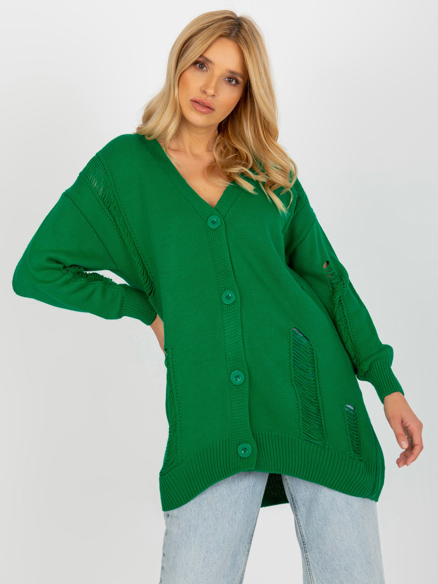 Zelený kardigan na gombíky s dierami -LC-SW-8042.12X-green Veľkosť: ONE SIZE