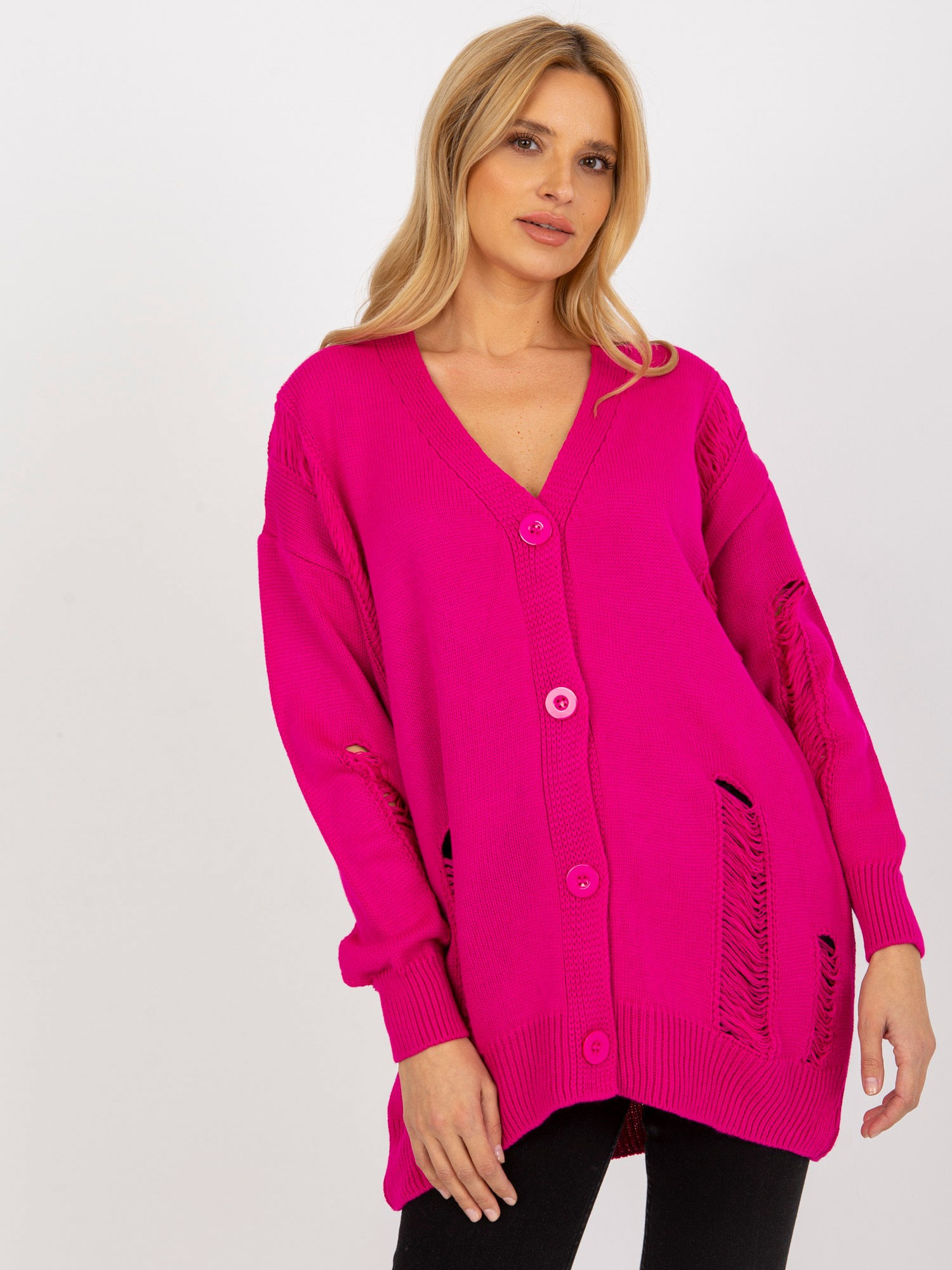 Fuchsiový kardigan s dierami LC-SW-8042.08X-fuchsia Veľkosť: ONE SIZE