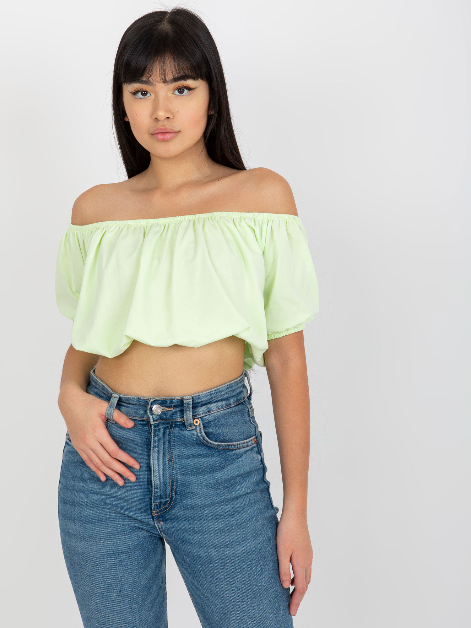 Limetkový crop top so spadnutými rukávmi EM-BZ-HS-20-257.40X-limon Veľkosť: S