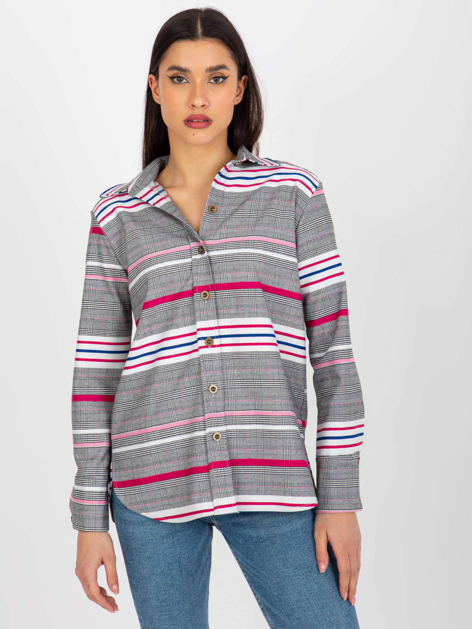 Bielo-ružová dámska košeľa s pruhmi LK-KS-509165.06X-white-pink Veľkosť: L/XL