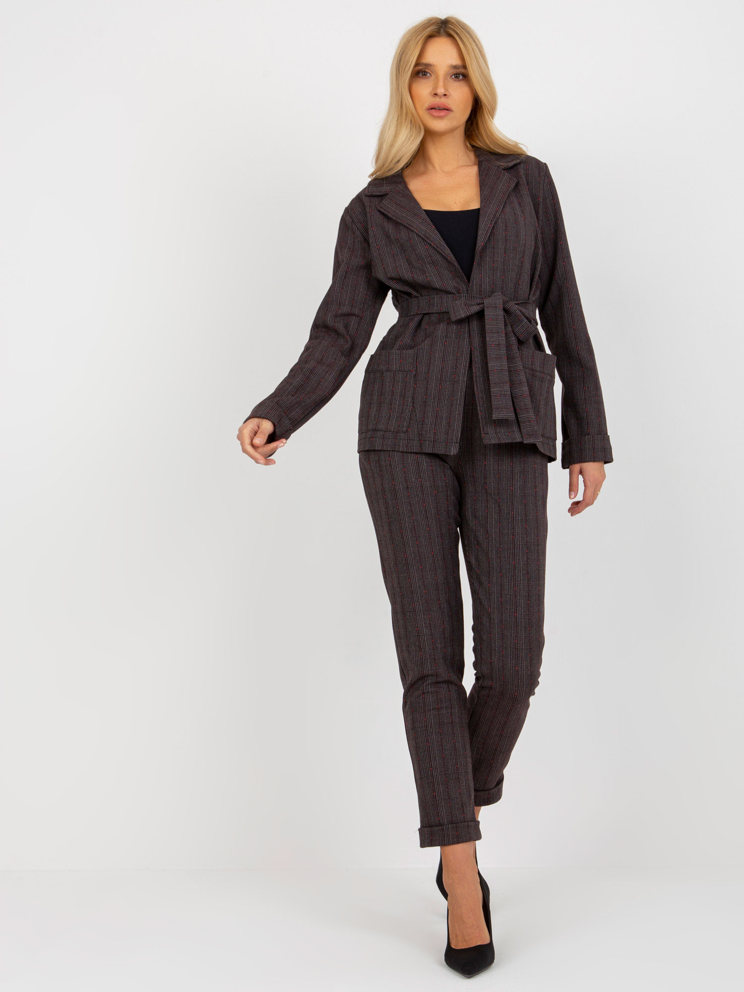 Tmavosivé kárované sako na zaväzovanie LK-MA-507802.22-dark grey Veľkosť: 36