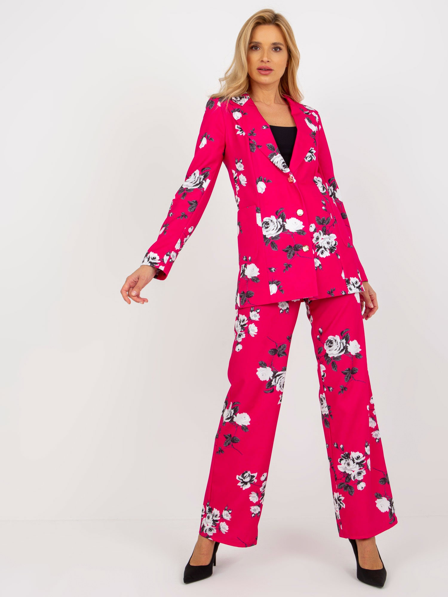Fuchsiové sako s kvetinovou potlačou LK-MA-508918.18P-fuchsia Veľkosť: S/M