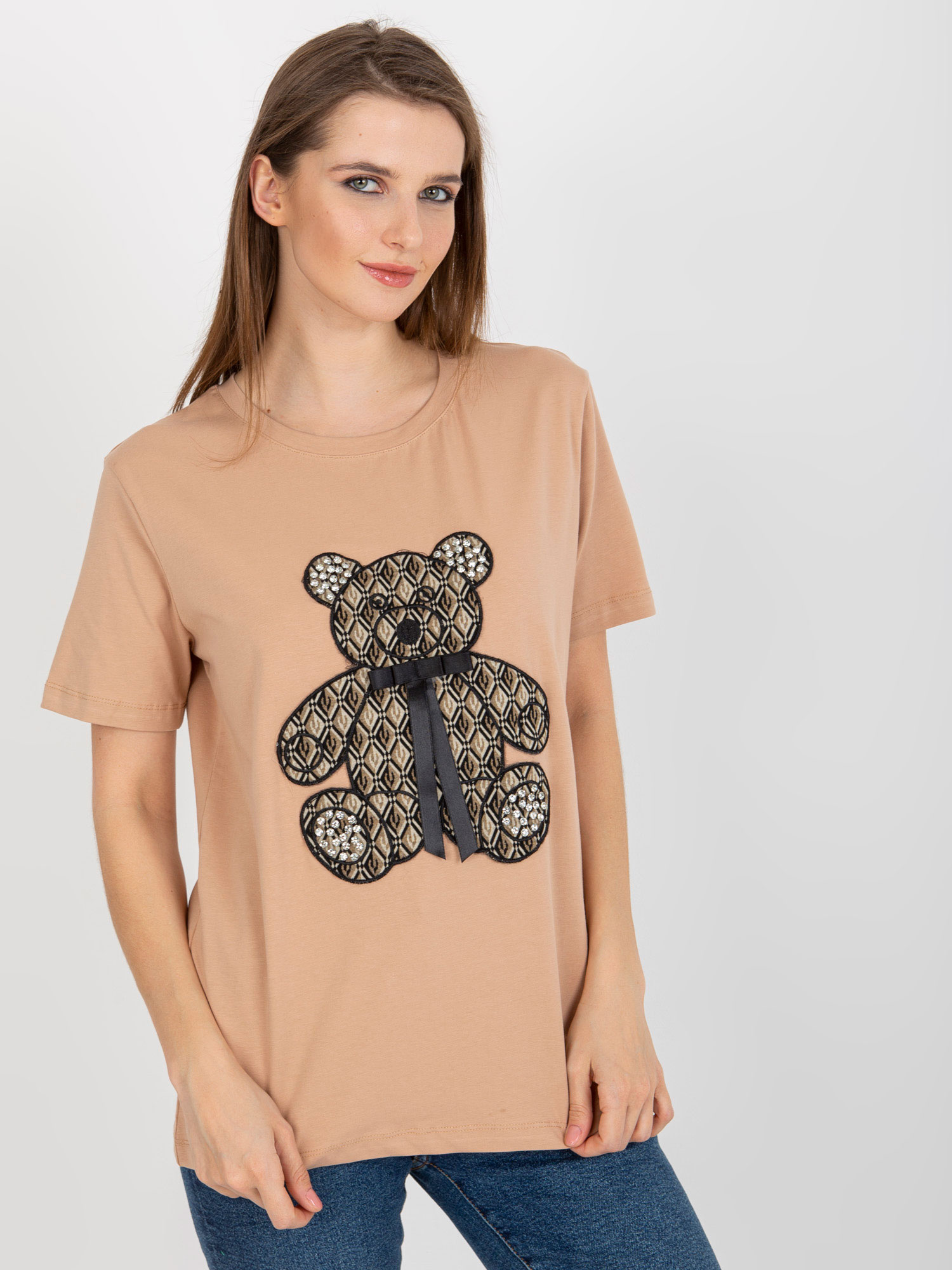 Svetlohnedé dámske tričko s medvedíkom FA-TS-8443.84P-camel Veľkosť: ONE SIZE