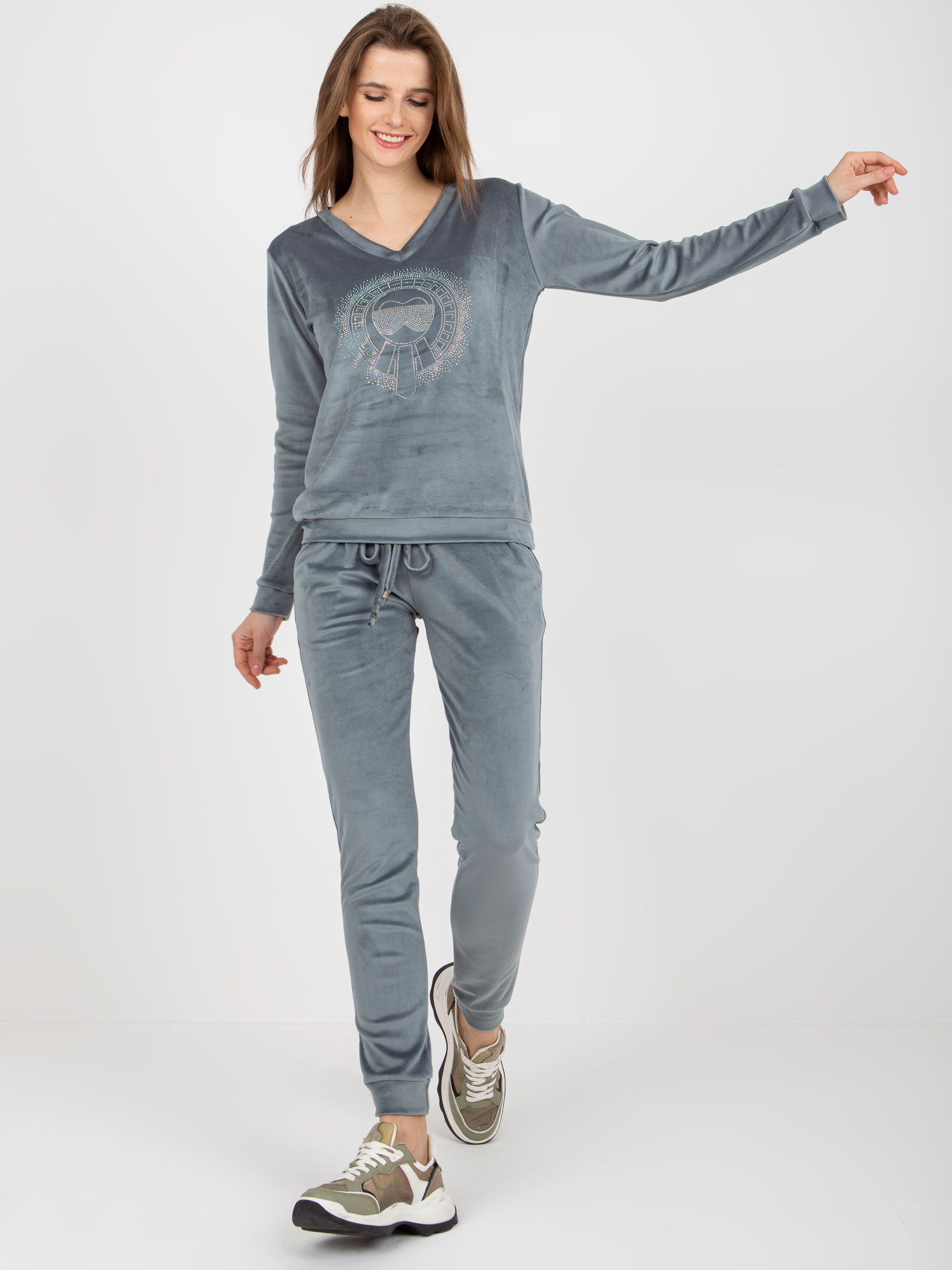 Sivá velúrová tepláková súprava RV-KMPL-8442.23P-grey-blue Veľkosť: L/XL