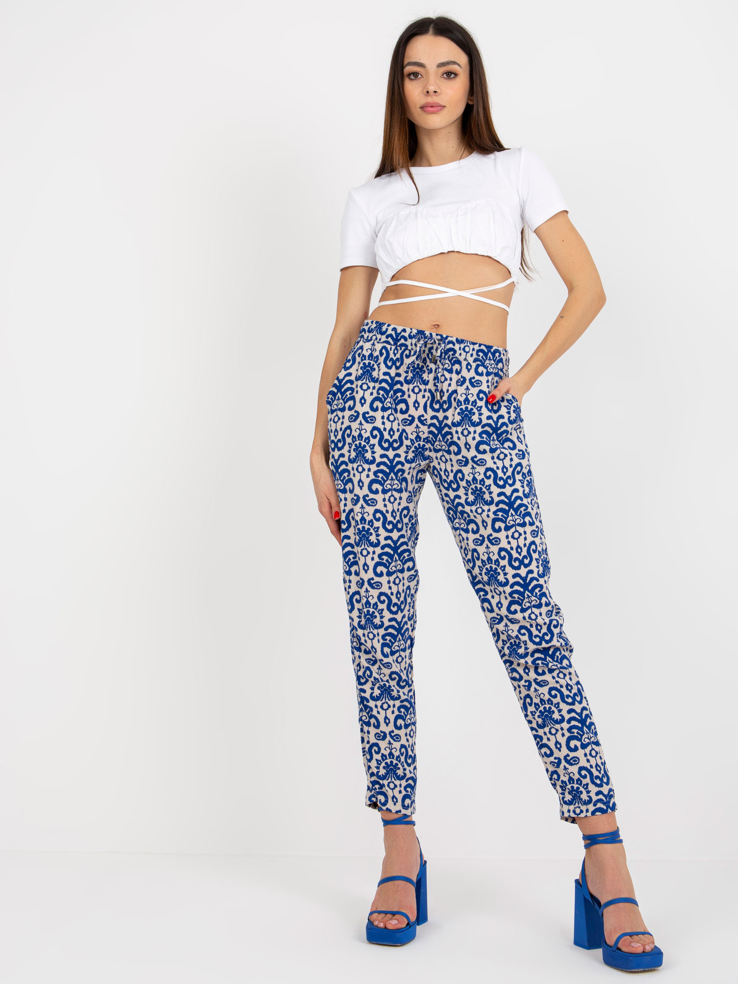 Tmavomodré letné vzorované nohavice D73770M61869J-dark blue Veľkosť: M