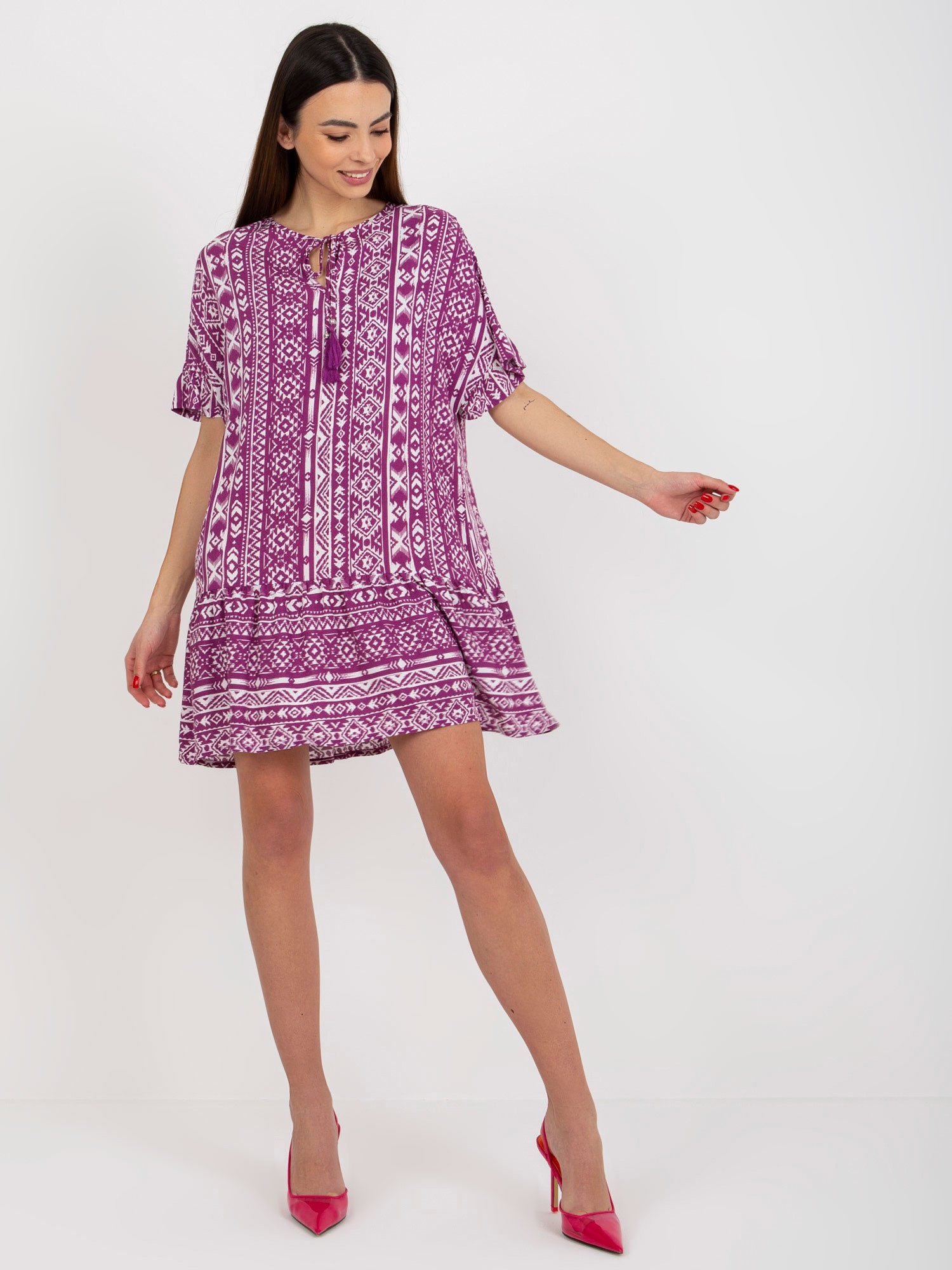 Fialové letné voľné vzorované minišaty D73771M30306C-violet Veľkosť: S
