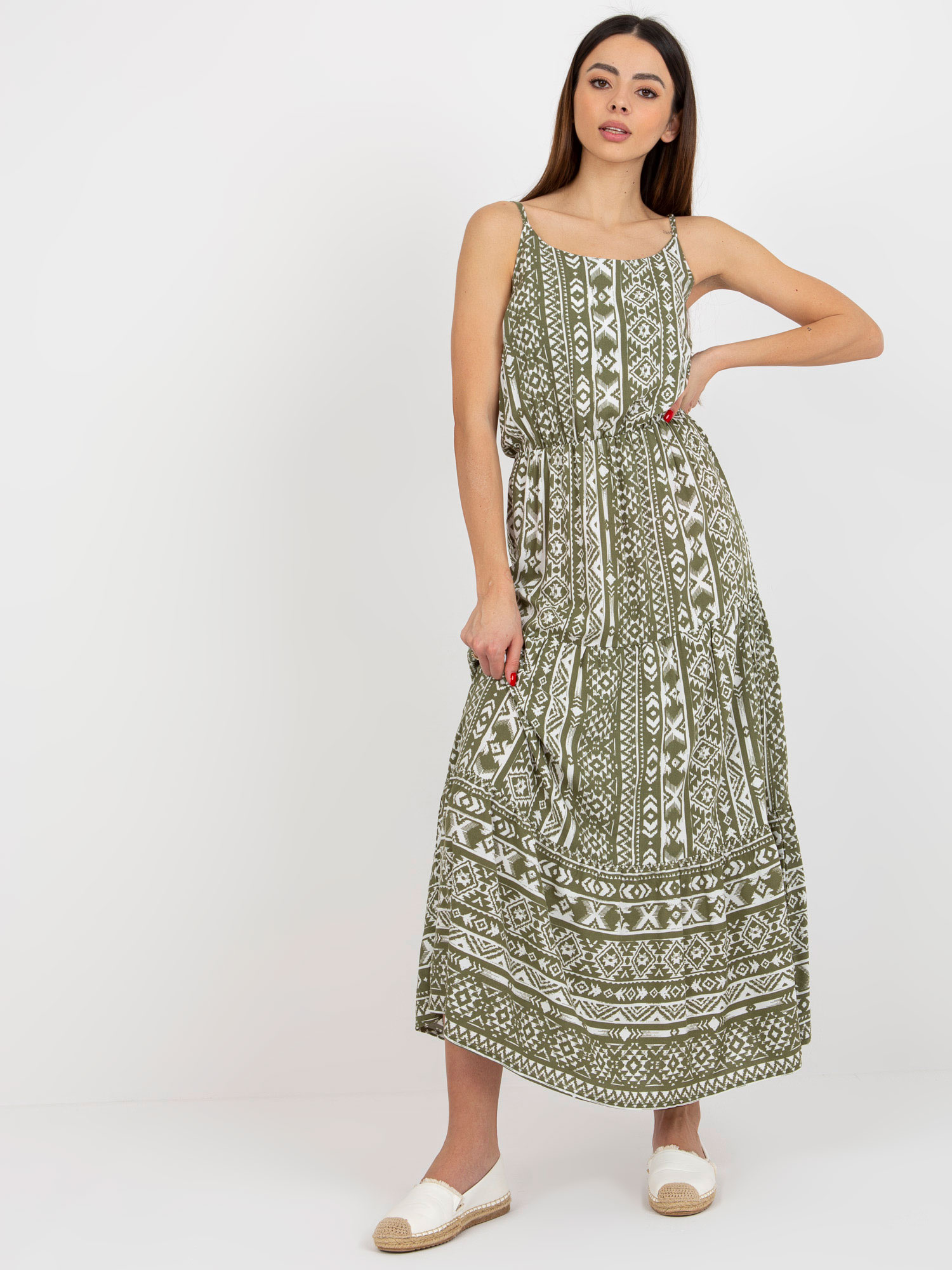 Khaki vzorované maxi šaty na ramienka -D73771R30313B-khaki Veľkosť: XS