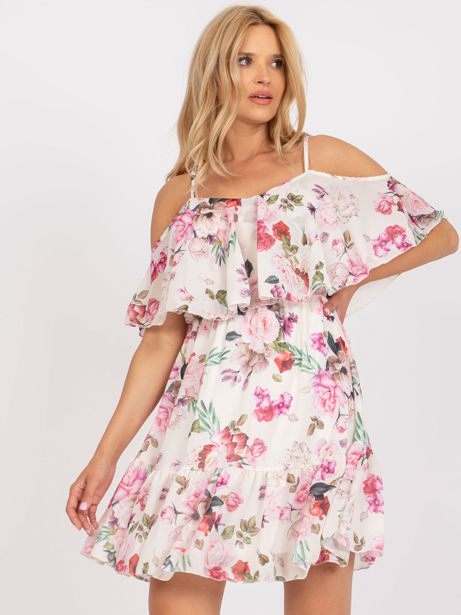 Svetlobéžové kvetované mini šaty s volánom -TW-SK-BI-1100.45-light beige Veľkosť: ONE SIZE