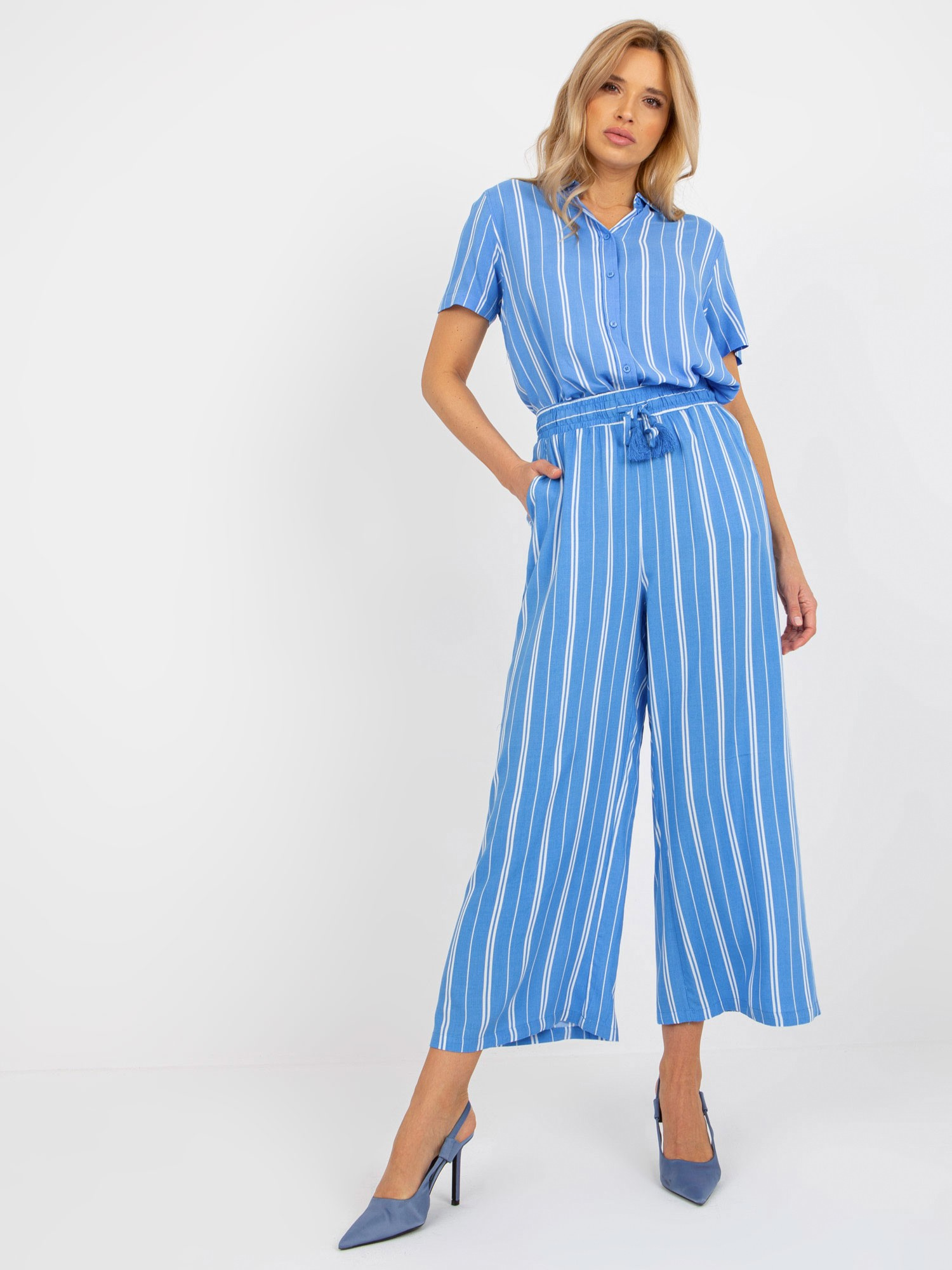 Modré vzorované látkové nohavice -D73770R62237A-blue Veľkosť: S