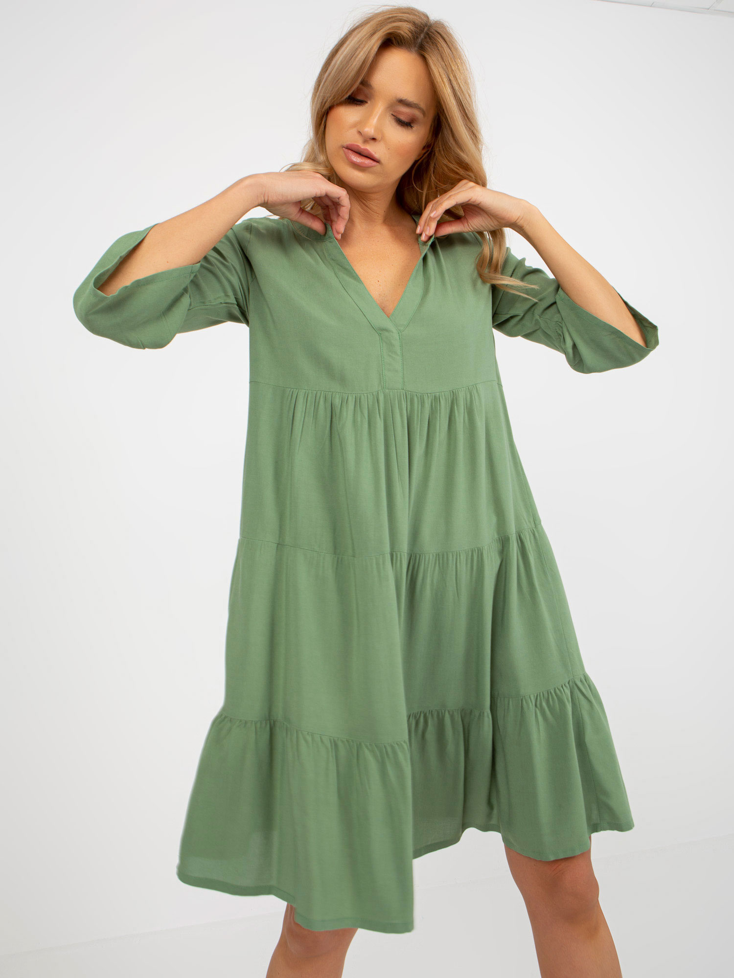 Khaki volánové voľné šaty -D73761M30214C-khaki Veľkosť: S