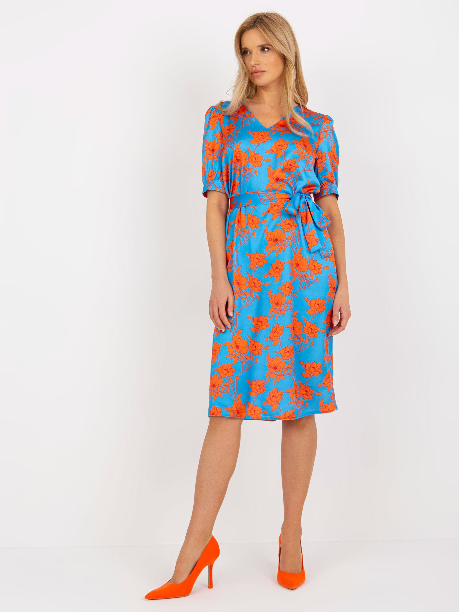 Modré kvetinové midi šaty LK-SK-508948.78-blue Veľkosť: S/M