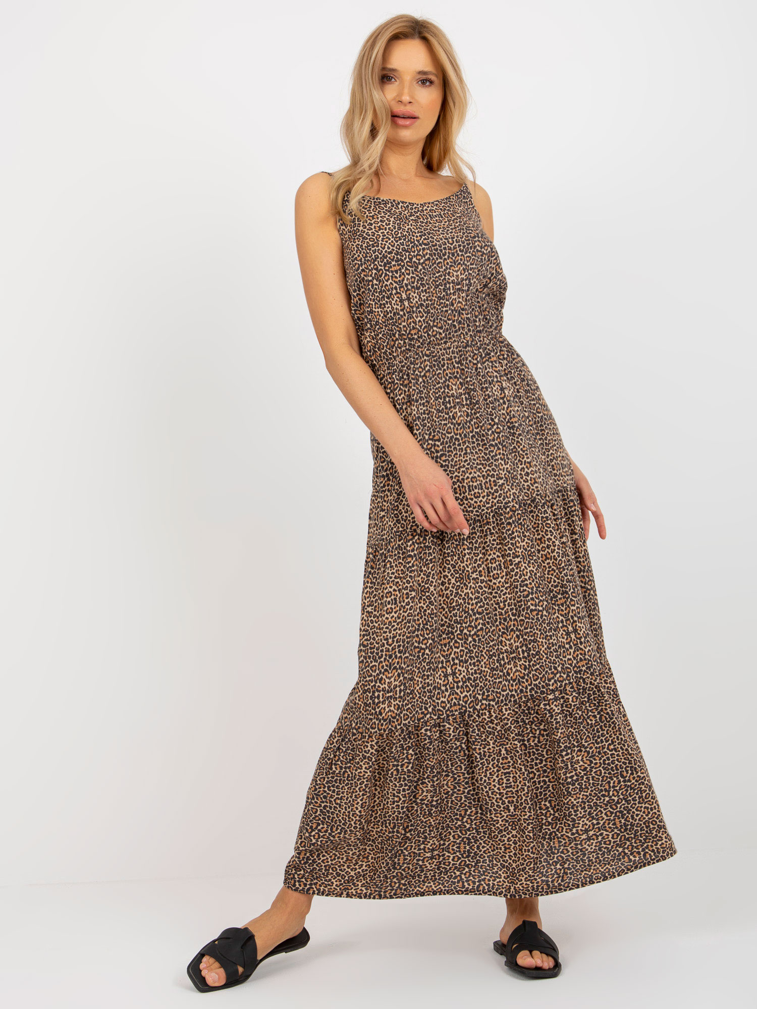 Dámske maxi šaty na ramienka s leopardím vzorom -D73771R30313B-brown Veľkosť: XS