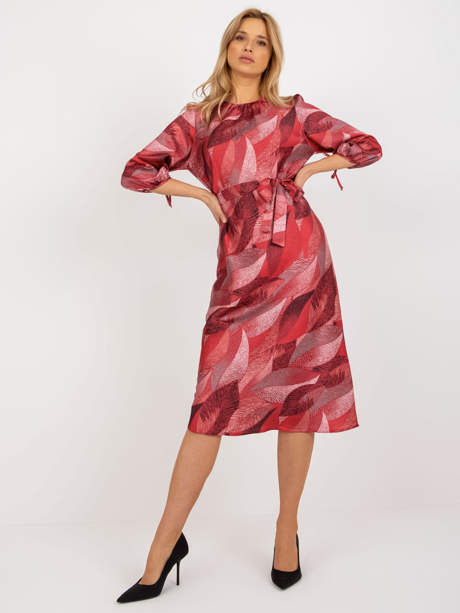 Bordo vzorované midi šaty s 3/4 rukávom LK-SK-509018.77-bordo Veľkosť: S/M