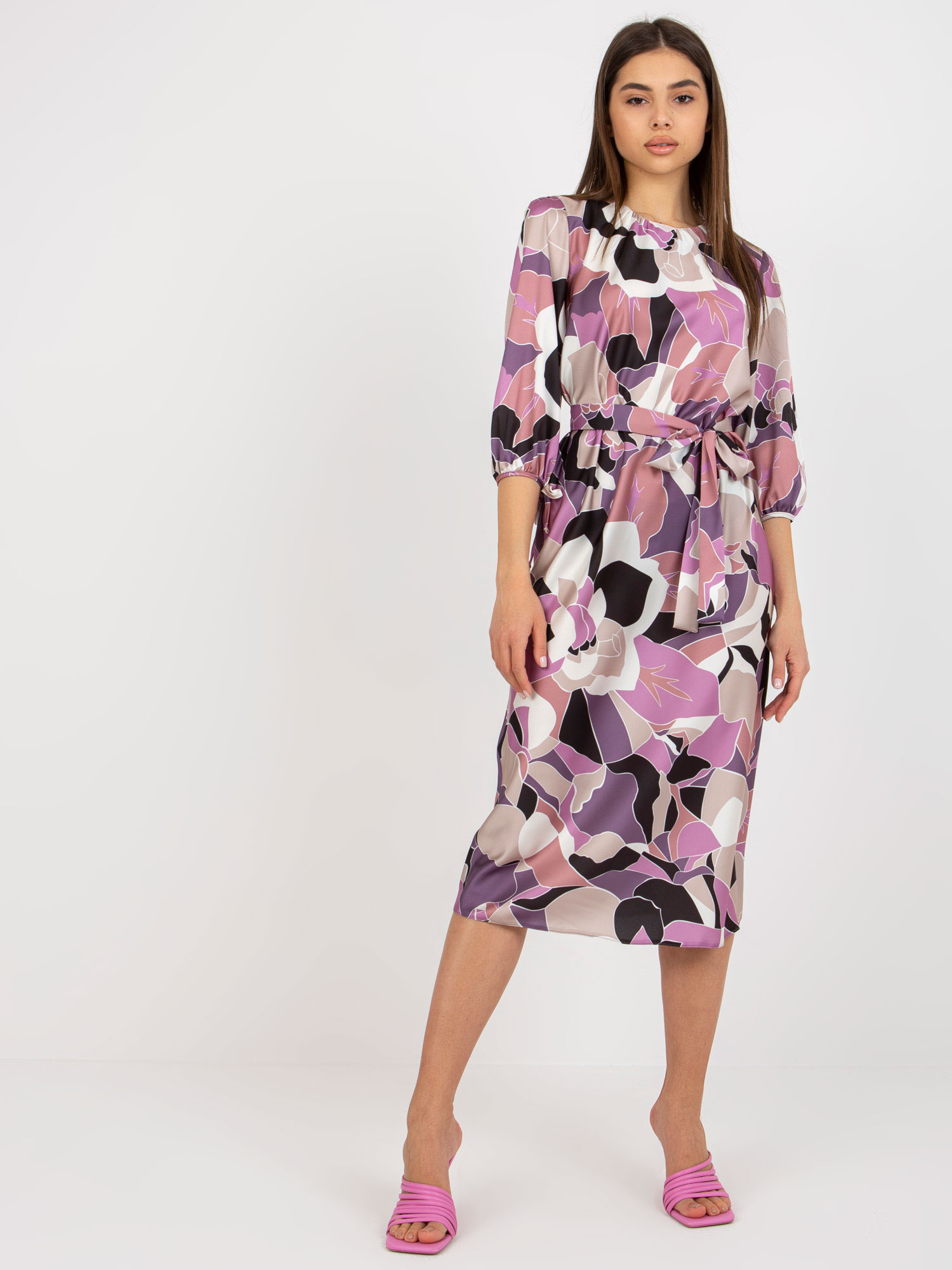 Fialové midi šaty s potlačou a pásikom -LK-SK-509018-4.87-violet Veľkosť: S/M
