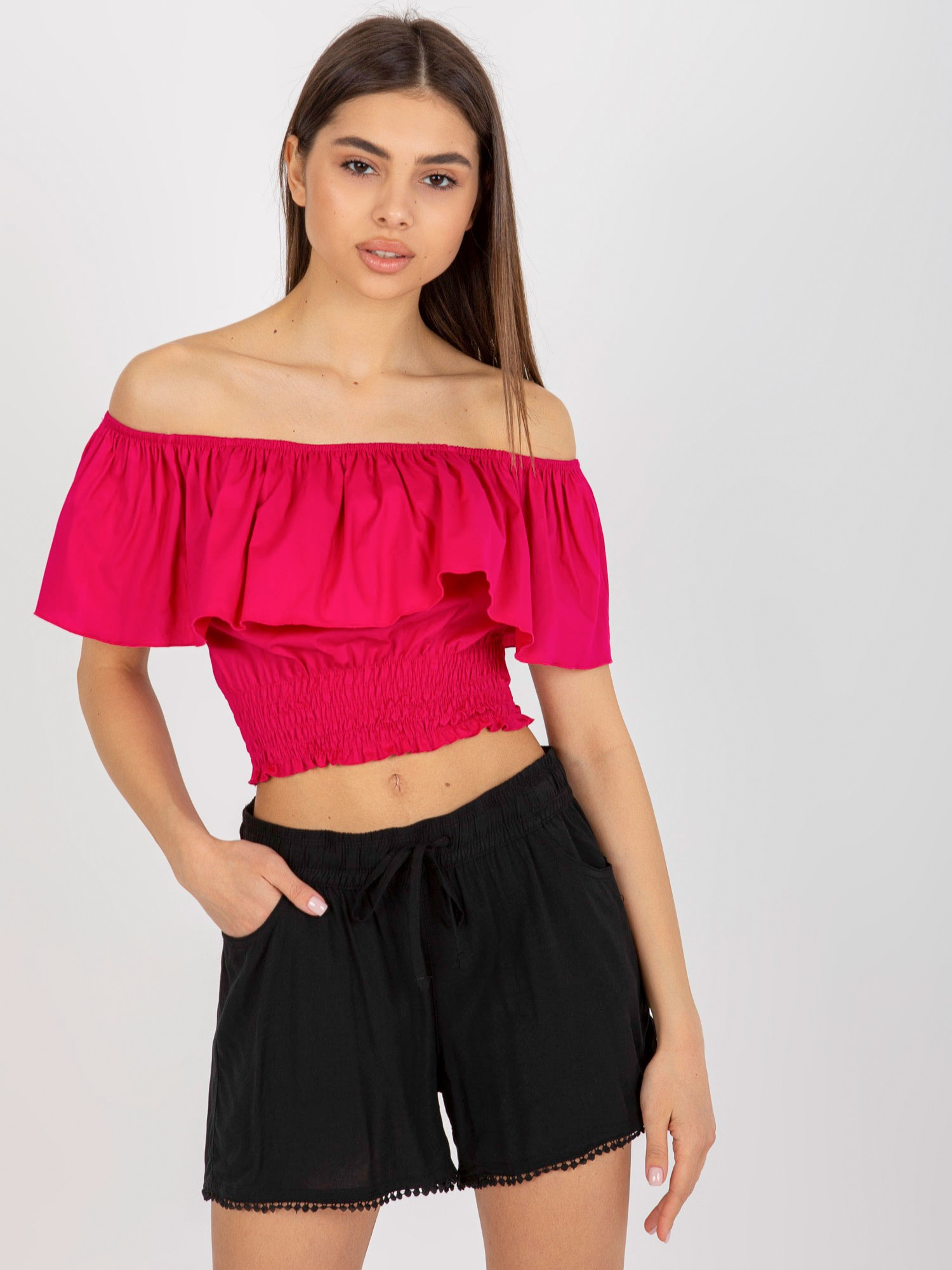 Fuchsiový crop top s volánem LK-TP-508609.37-fuchsia Veľkosť: 38