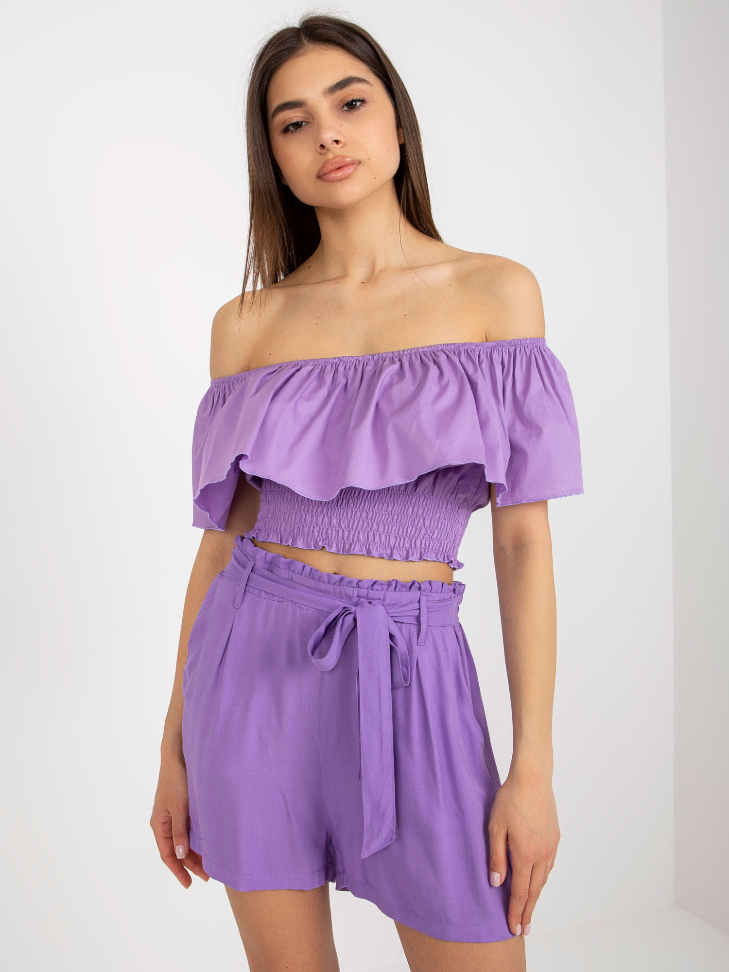 Fialové ležérne šortky s pásikom D73760R62159KA-violet Veľkosť: XS