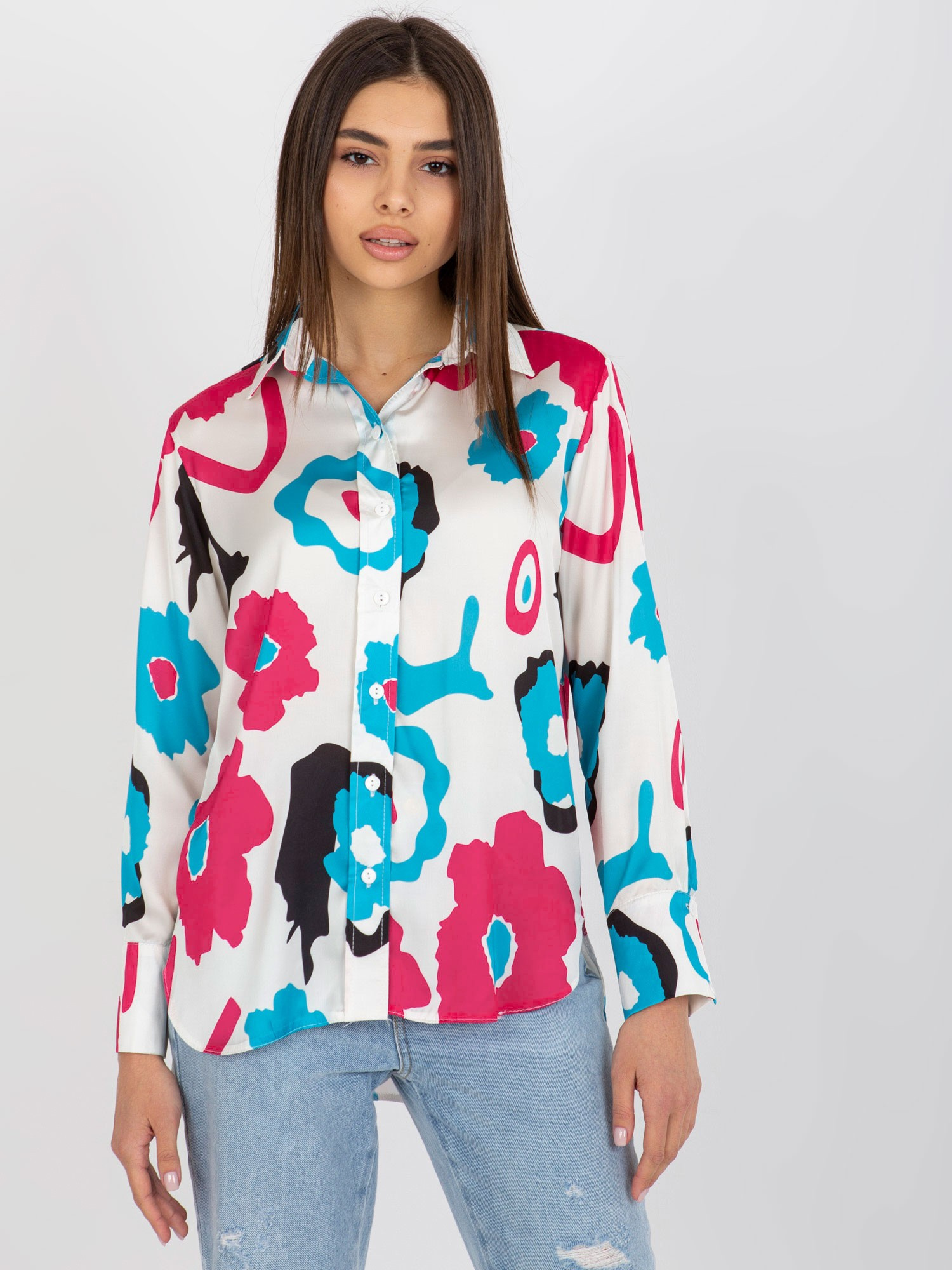 Fuchsiová košeľa s kvetinovou potlačou LK-KS-509016.06-fuchsia Veľkosť: S/M