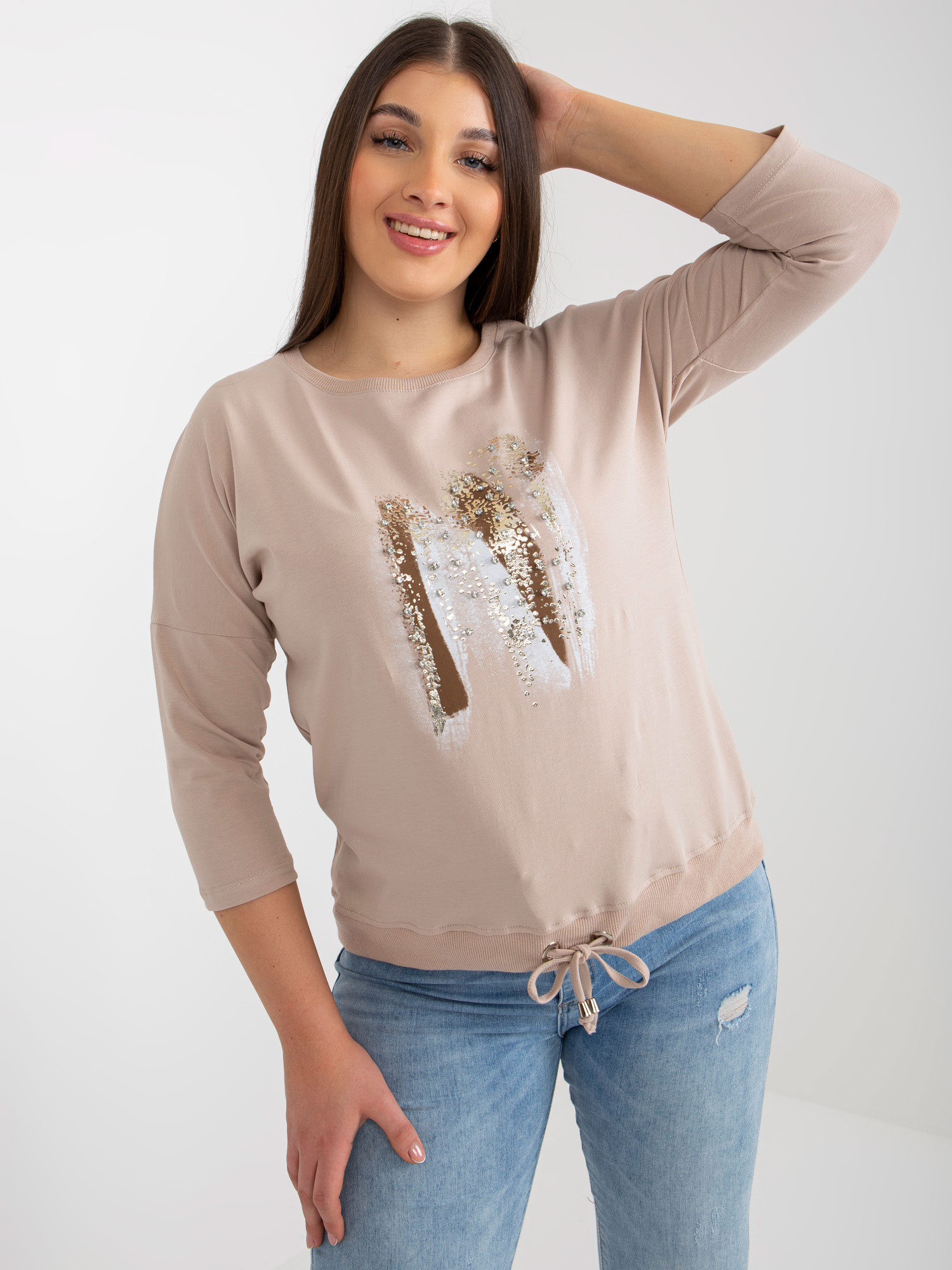 Béžová blúzka s lesklou potlačou RV-BZ-8182.03X-beige Veľkosť: ONE SIZE