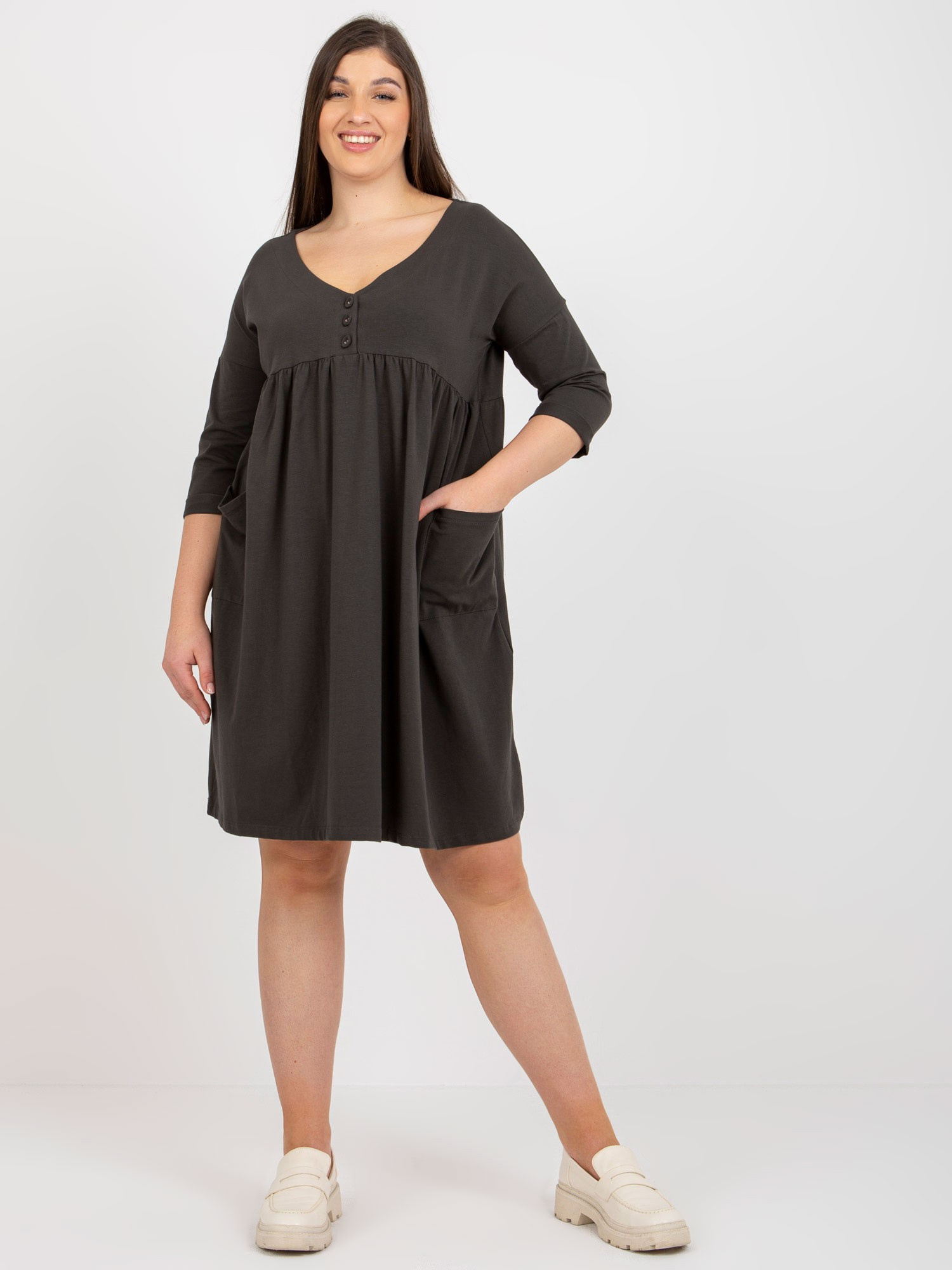 Tmavé khaki šaty s 3/4 rukávmi RV-SK-8529.37P-dark khaki Veľkosť: ONE SIZE