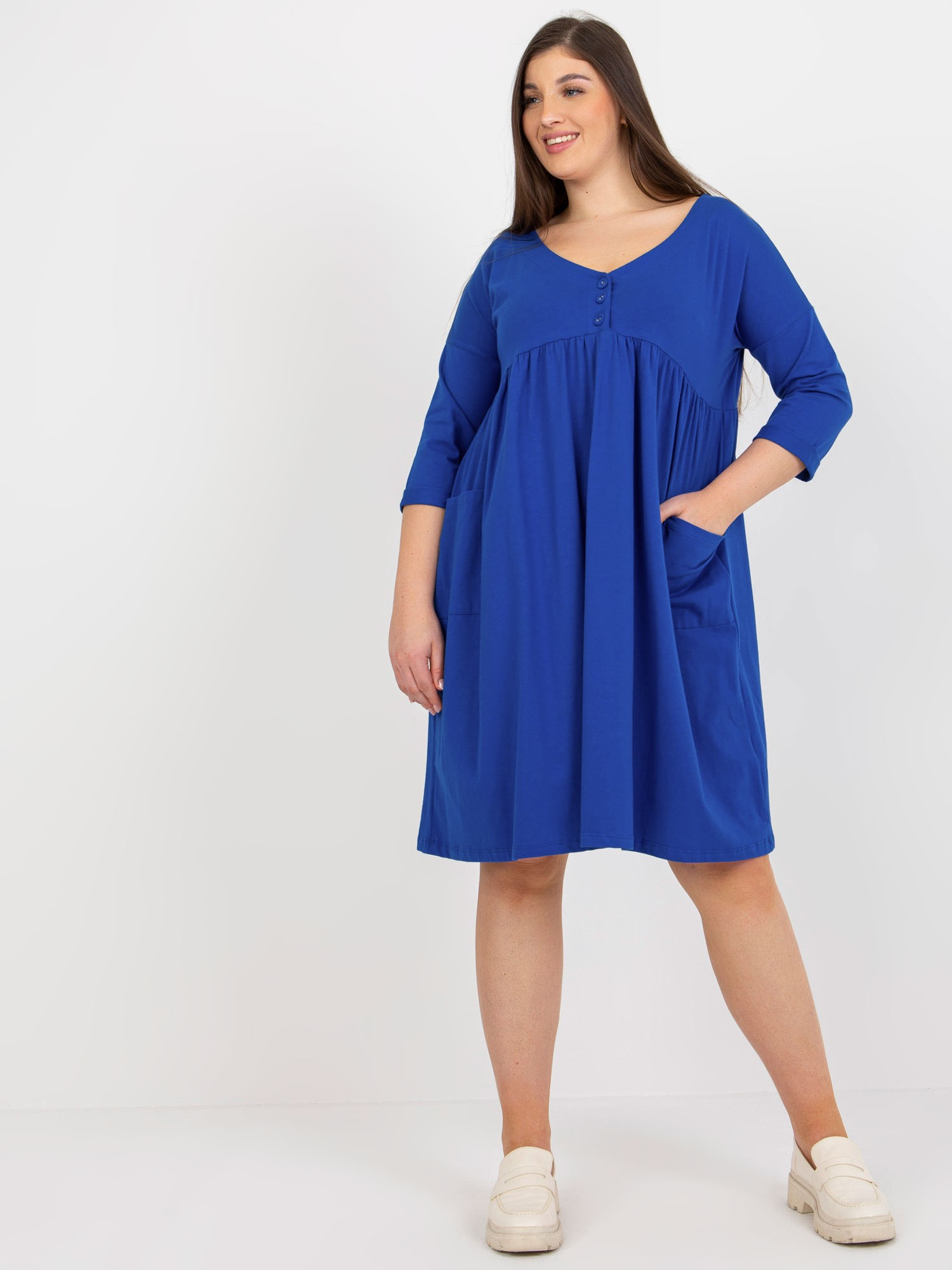 Tmavomodré šaty s 3/4 rukávom RV-SK-8529.37P-dark blue Veľkosť: ONE SIZE