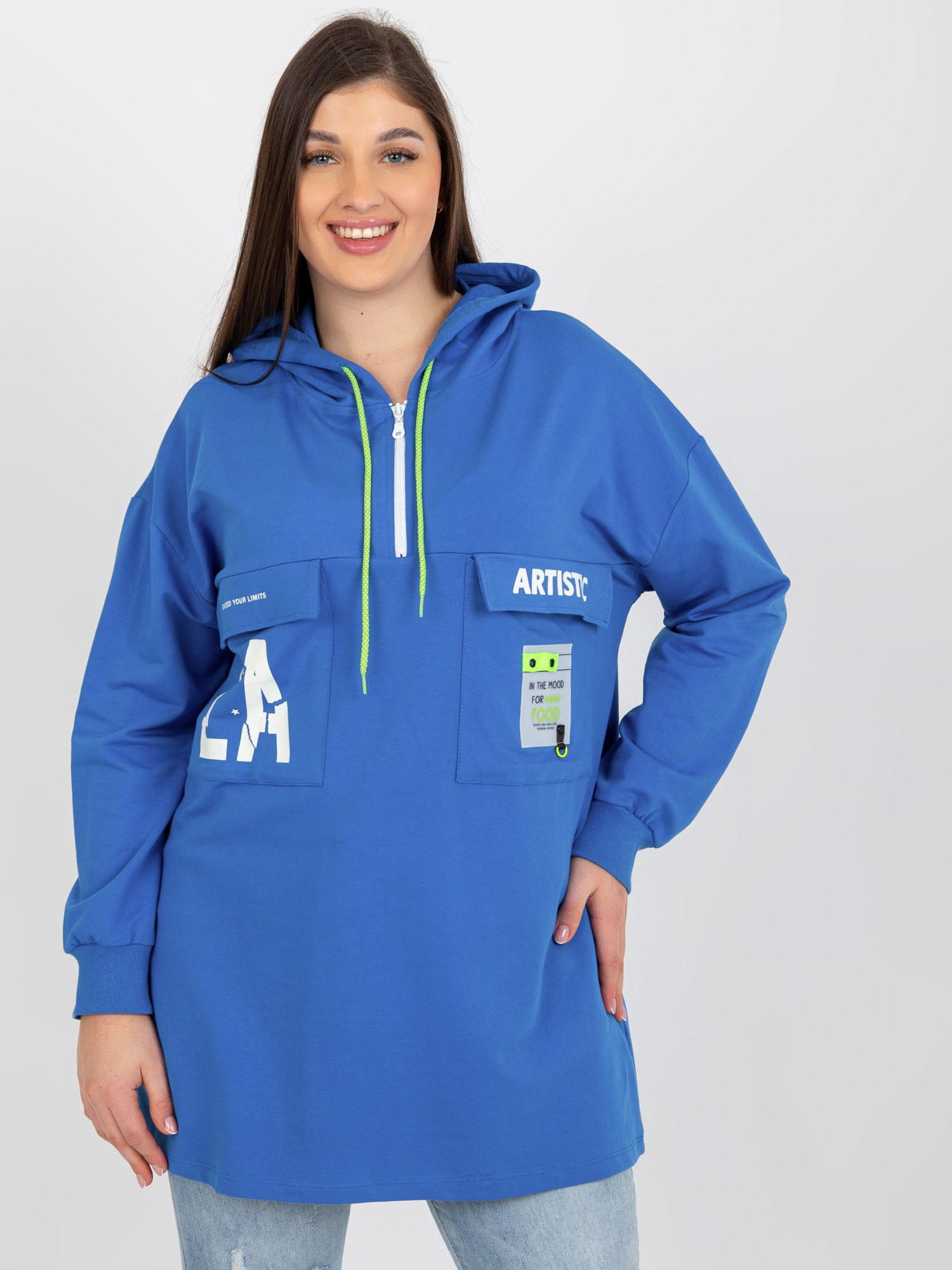 Modrá dlhšia dámska mikina s kapucňou -RV-BL-8258.34-ciemny niebieski Veľkosť: ONE SIZE
