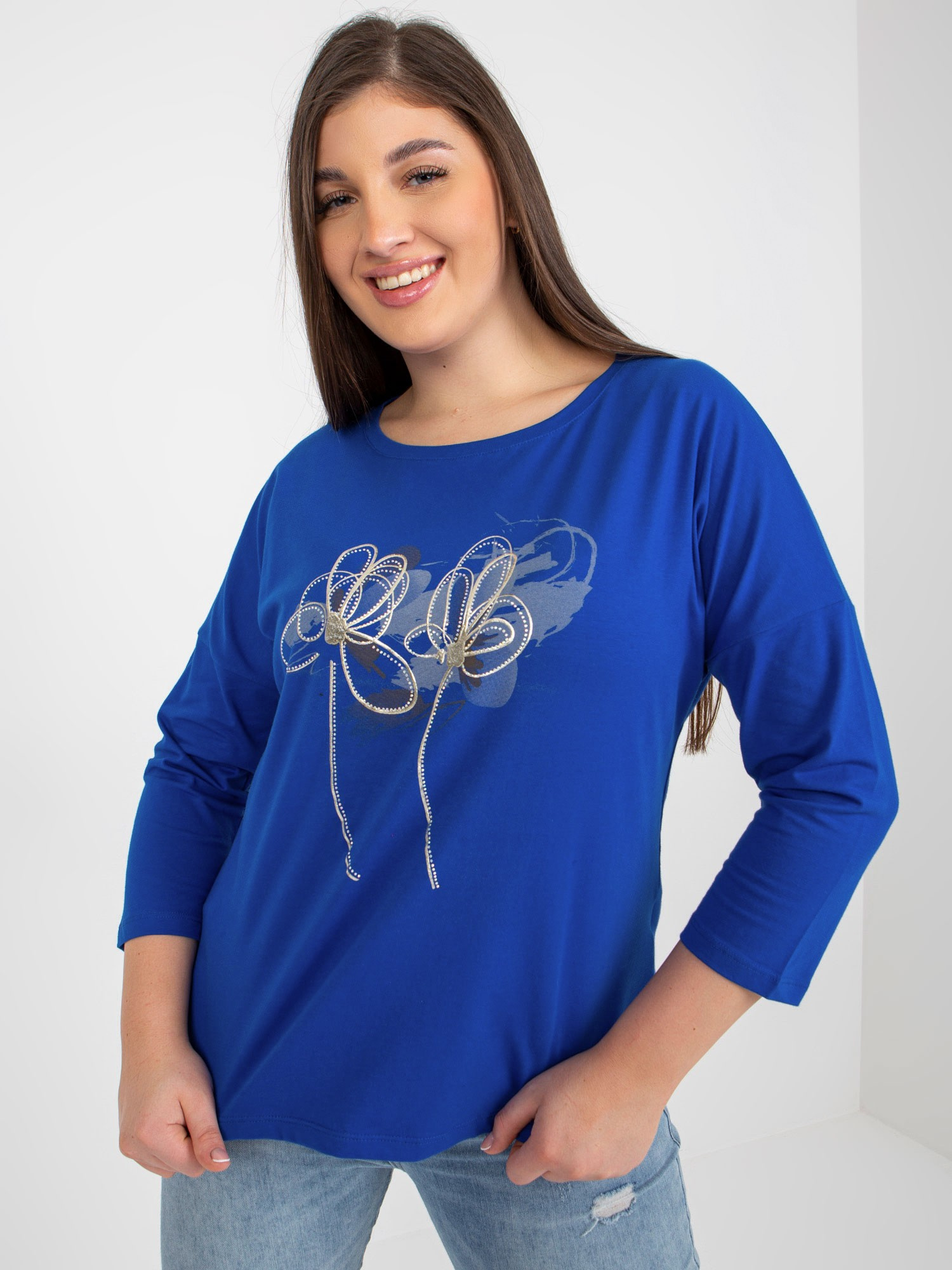 Tmavomodré tričko s aplikáciou a 3/4 rukávom RV-BZ-8554.01P-dark blue Veľkosť: ONE SIZE