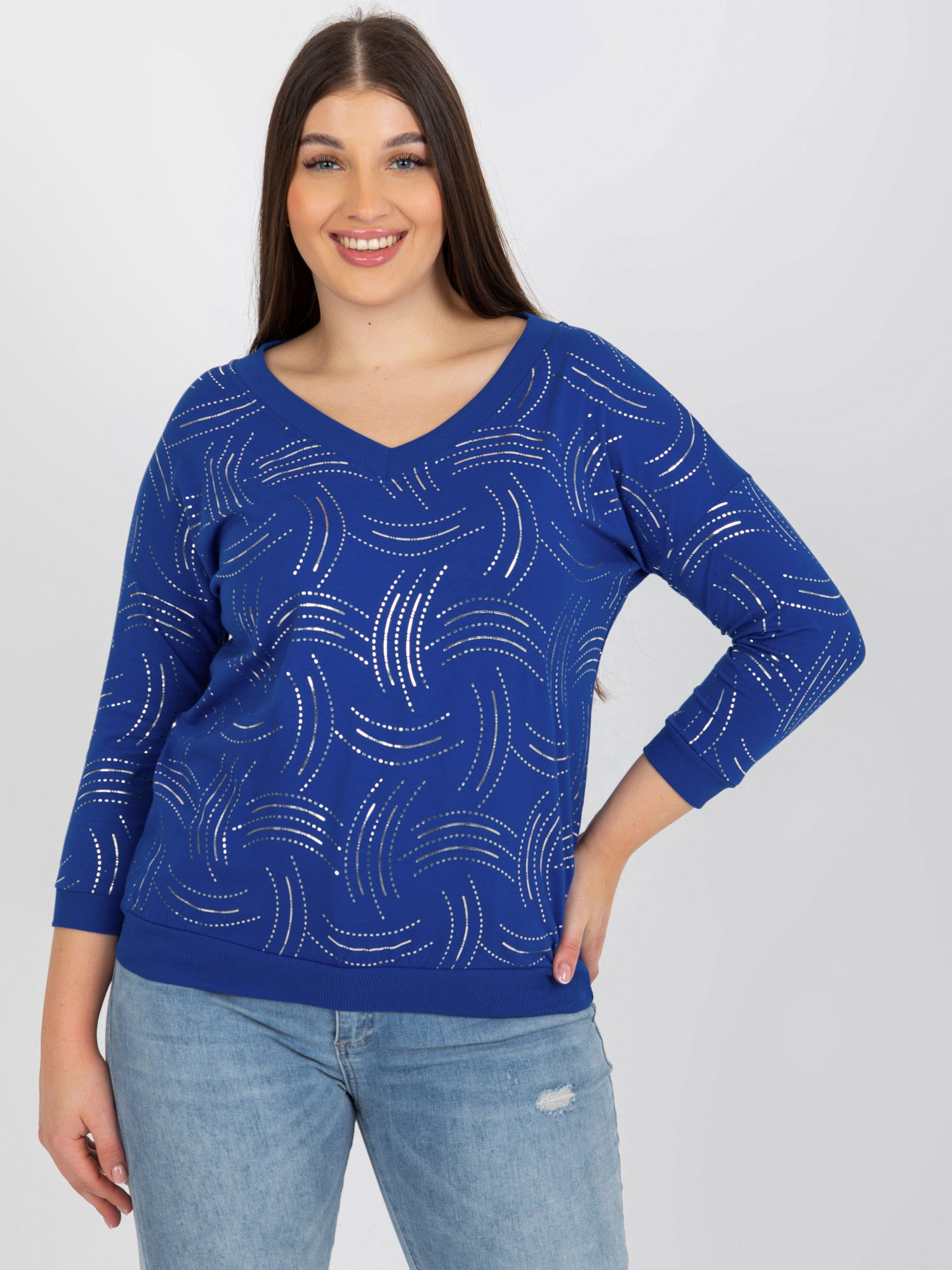 Tmavomodré tričko s trblietavou potlačou RV-BZ-8514.04P-dark blue Veľkosť: ONE SIZE