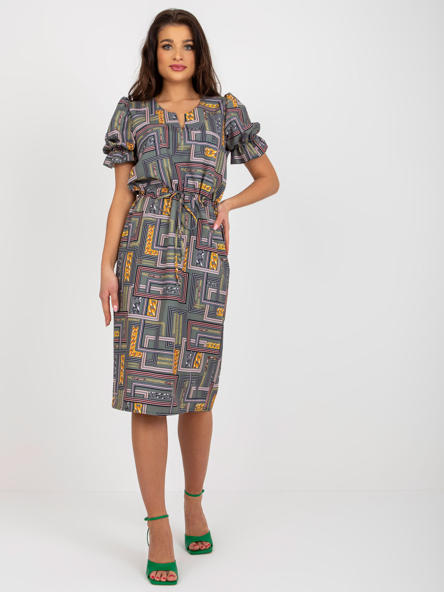 Khaki vzorované midi šaty s opaskom LK-SK-507468.75P-khaki Veľkosť: 36