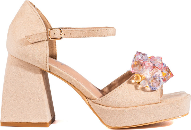 Béžové sandále na stĺpikovom podpätku s kamienkami SY82P-BE Veľkosť: 38