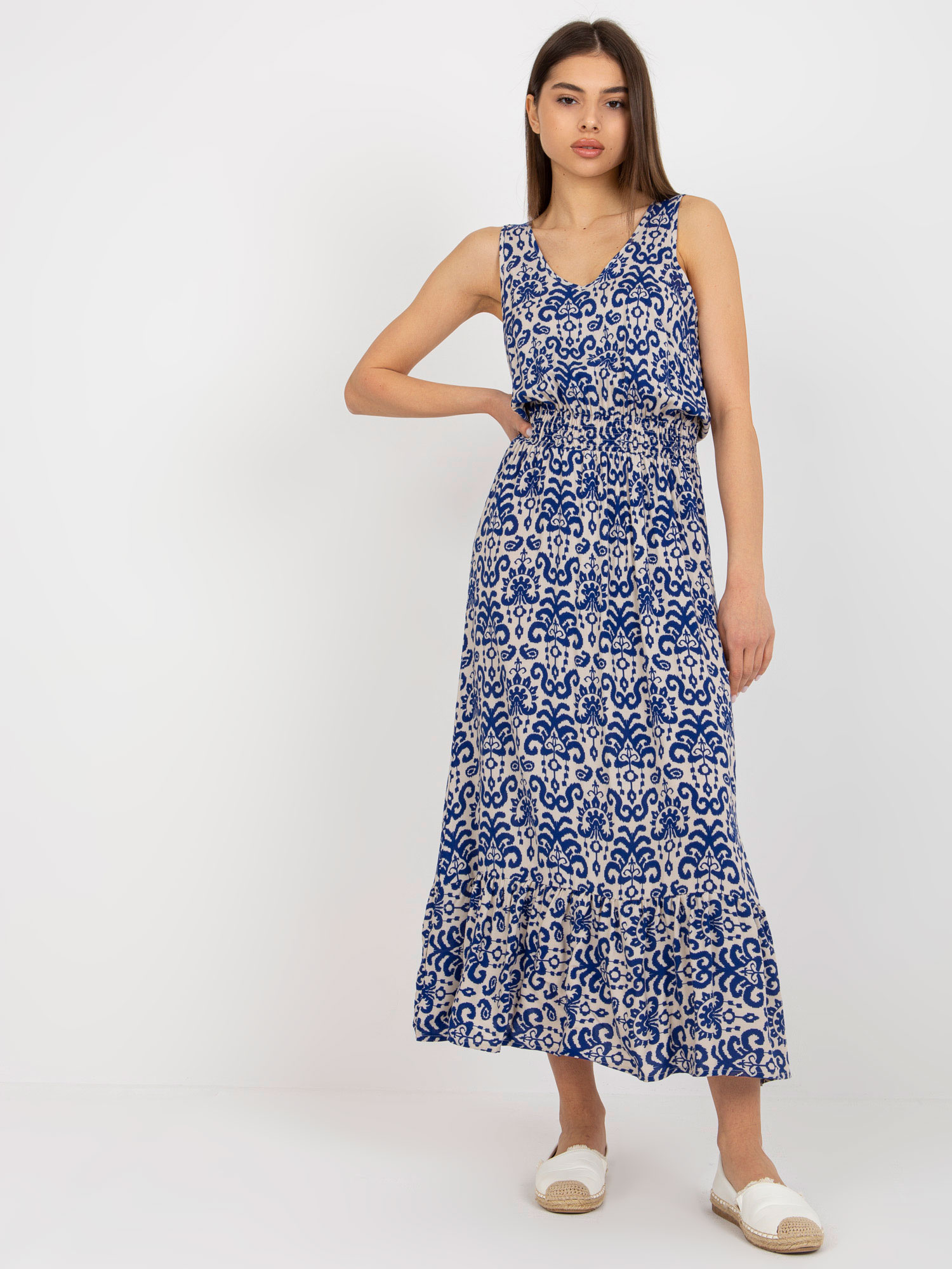 Tmavomodré vzorované midi šaty D73771R30391A-dark blue Veľkosť: XS
