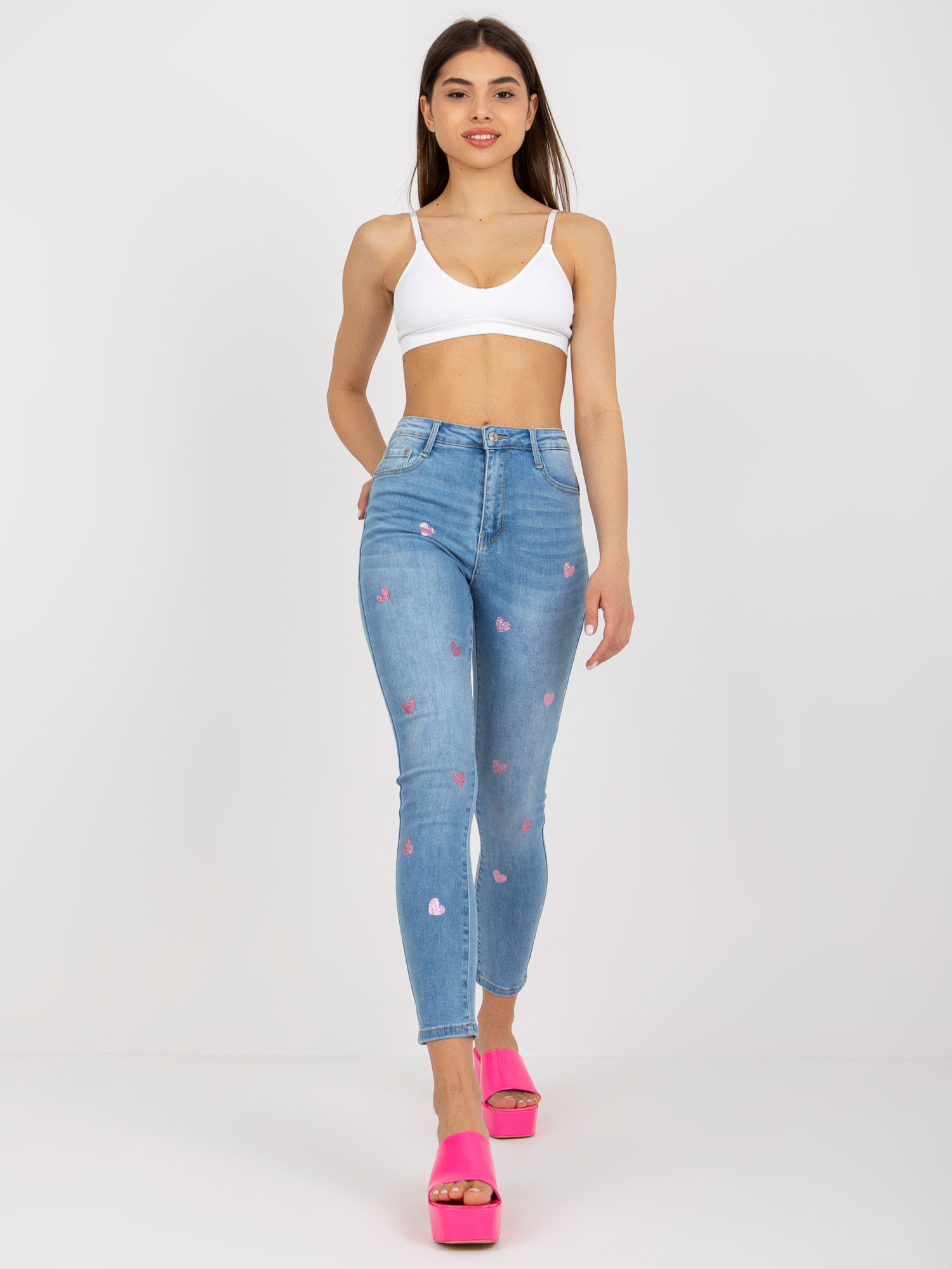 Modré dámske džínsy so srdiečkami NM-SP-D8005.39X-blue Veľkosť: XS
