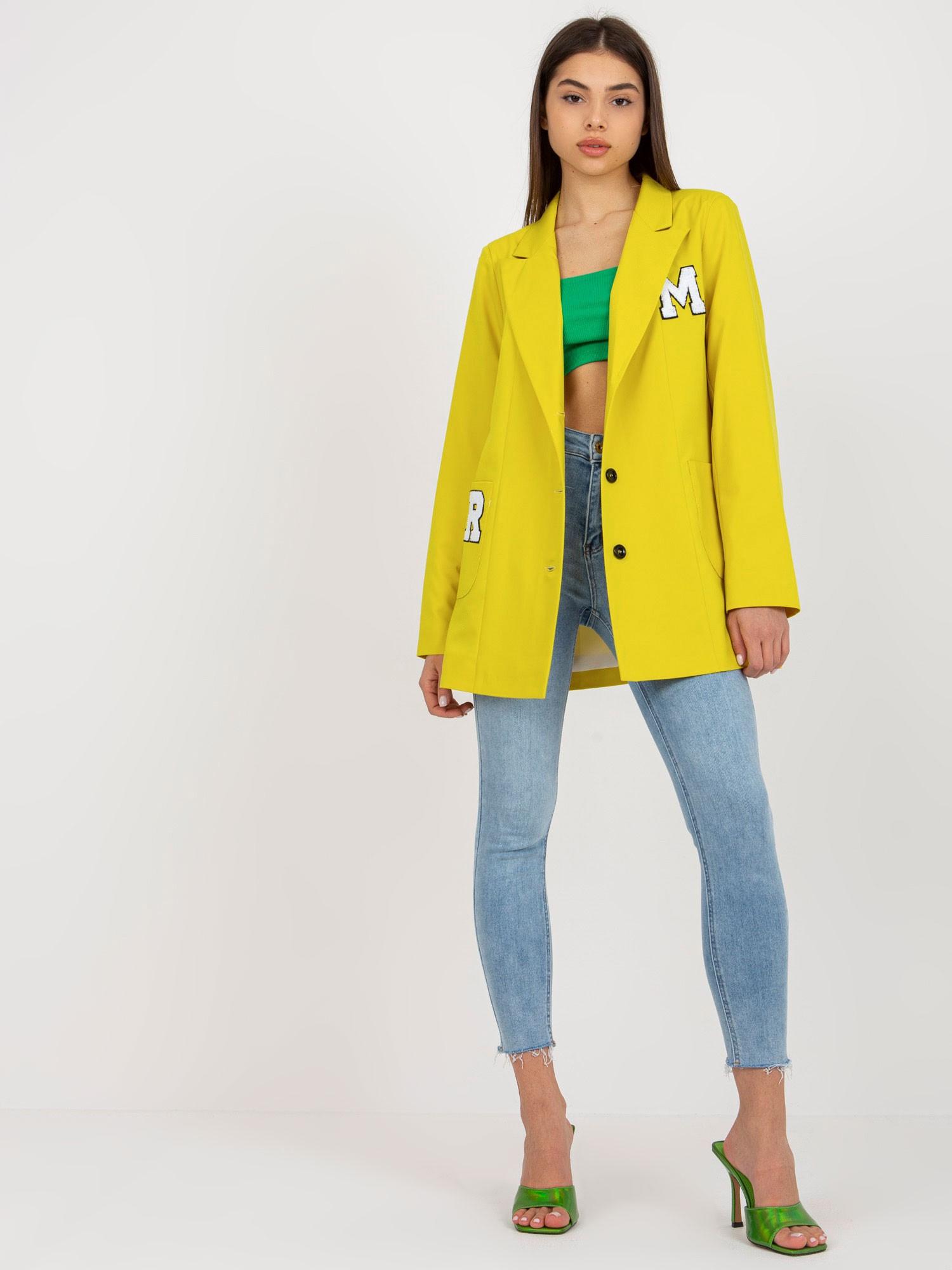 Žluté sako s nášivkami LK-MA-509286.52P-yellow Veľkosť: ONE SIZE