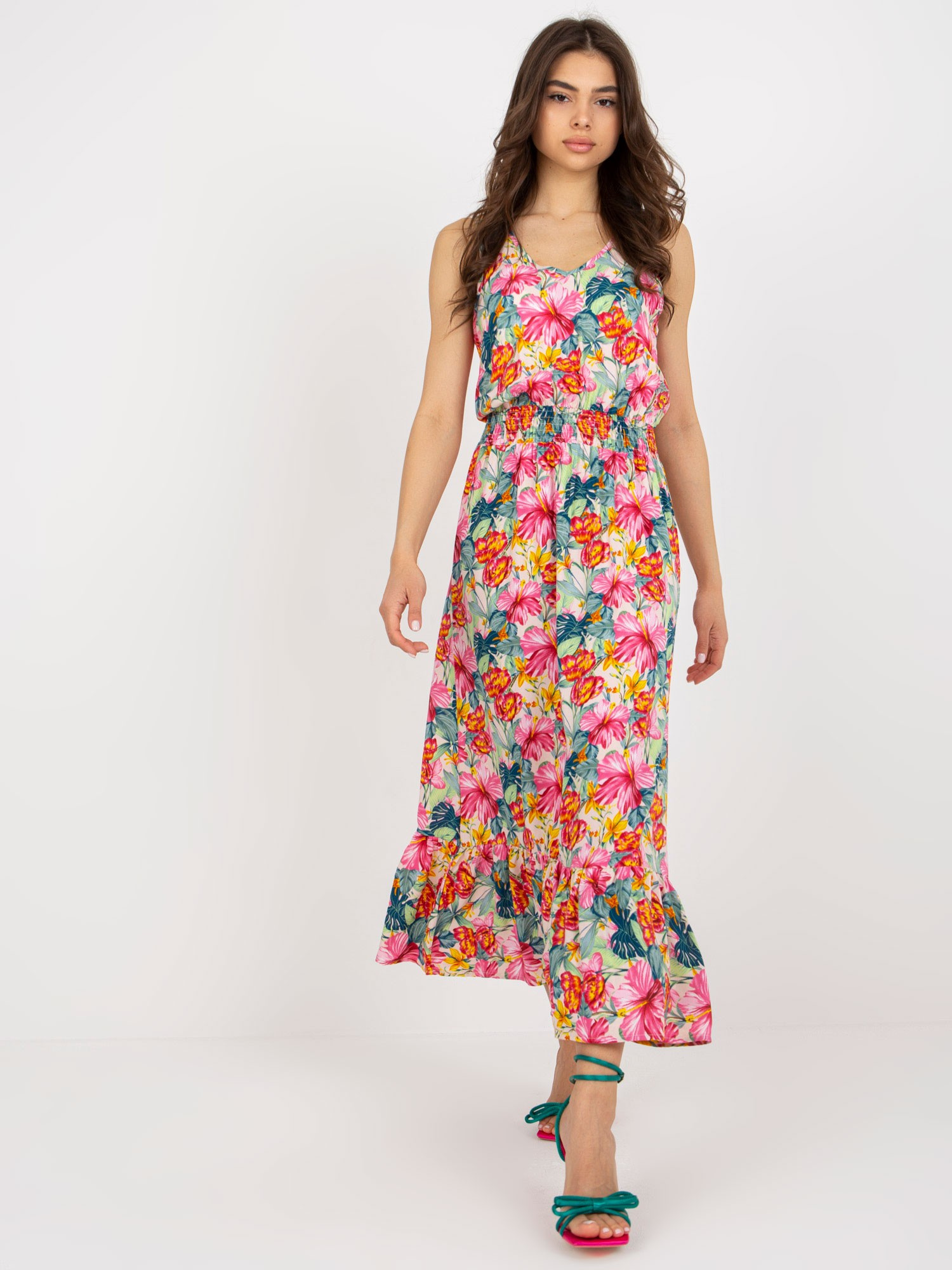 Farebné letné midi šaty so vzormi D73771R30391A-coral Veľkosť: M