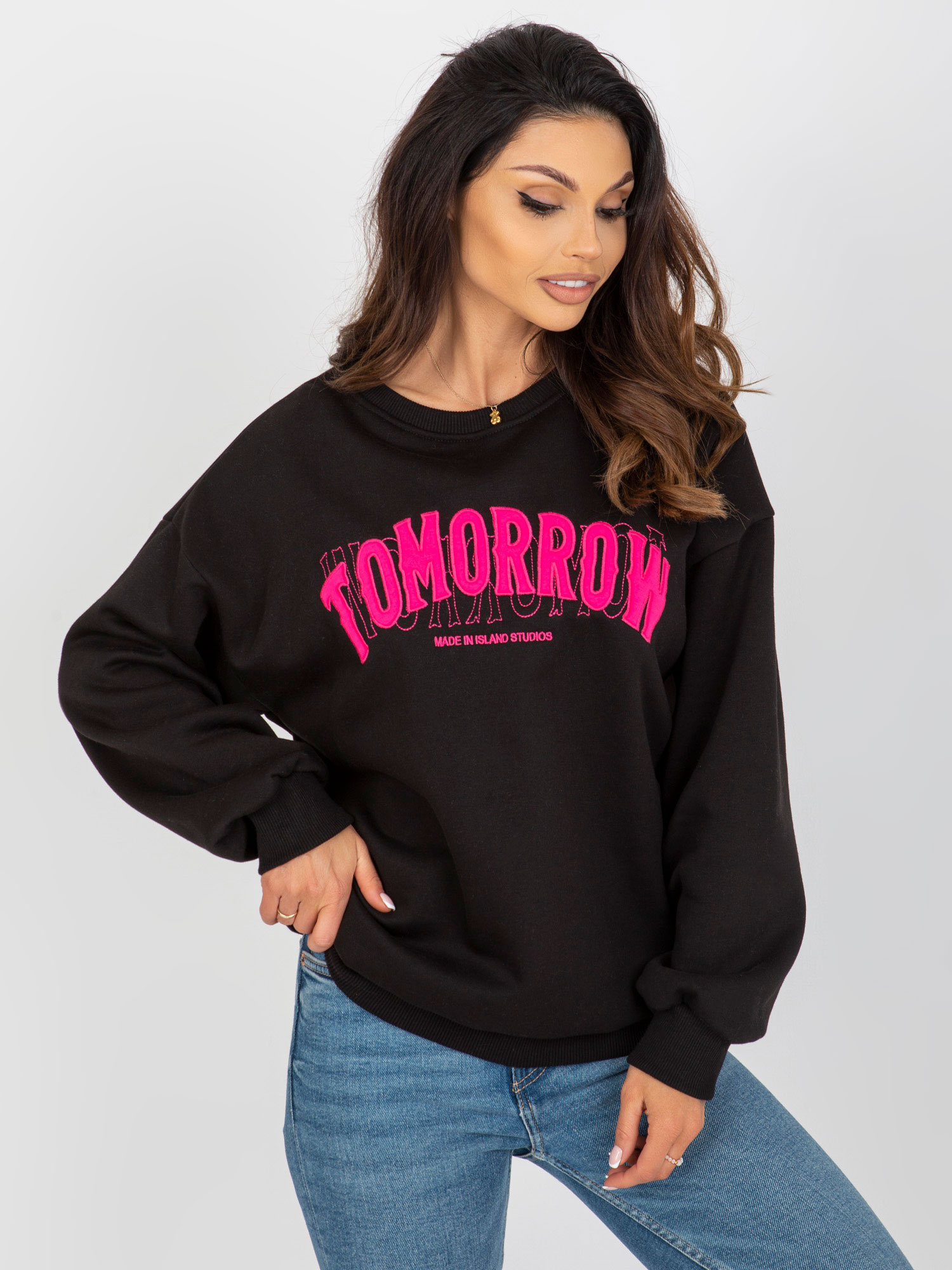Čierna mikina bez kapucne s nápisom TOMORROW -EM-BL-617-7,27-čierna Veľkosť: ONE SIZE