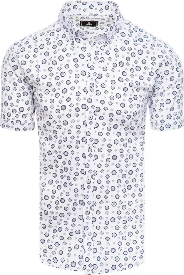 Biela pánska košeľa s krátkym rukávom a tmavomodrou potlačou KX1020 Veľkosť: M