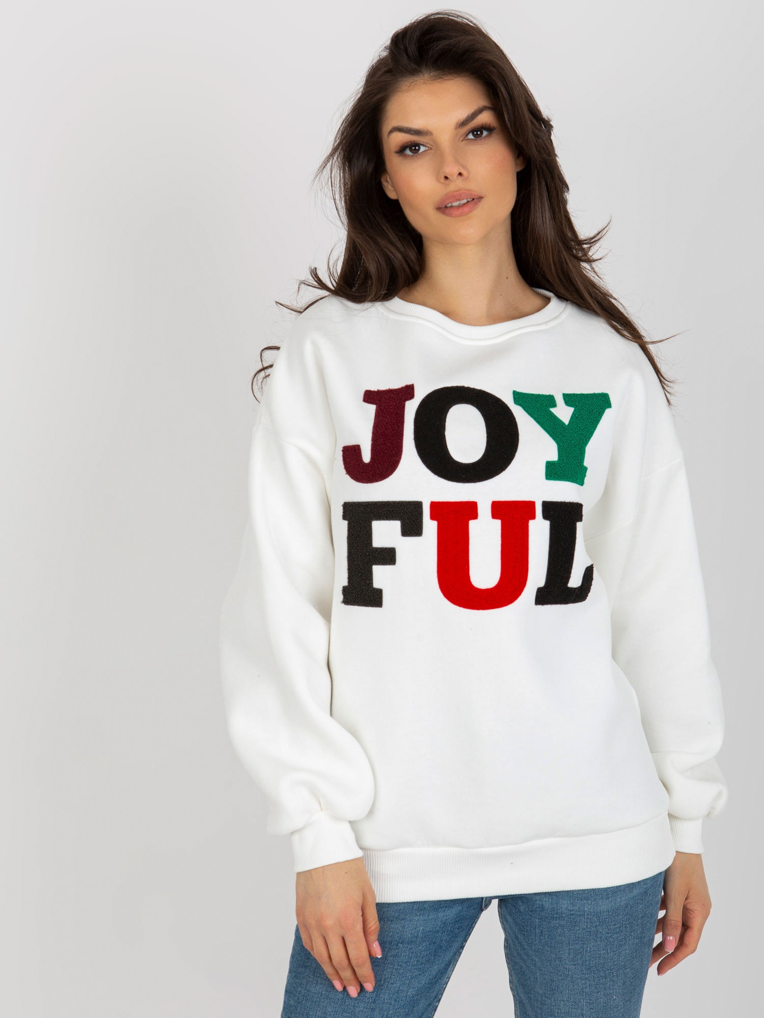 Dámska smotanová mikina bez kapucne s nápisom JOYFUL -EM-BL-617-5.00X-ecru Veľkosť: ONE SIZE