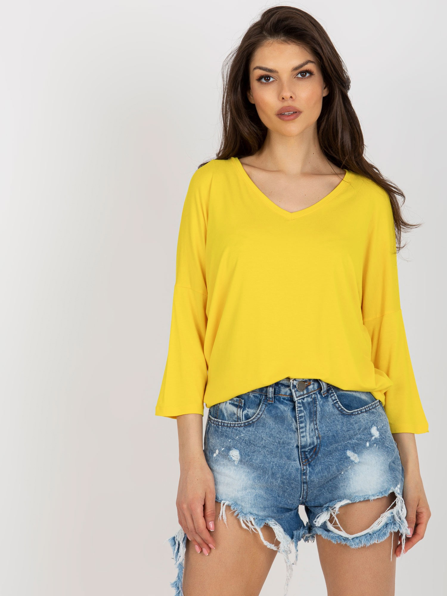 Žltá jednofarebná blúzka s 3/4 rukávom RV-BZ-7663.05-yellow Veľkosť: ONE SIZE