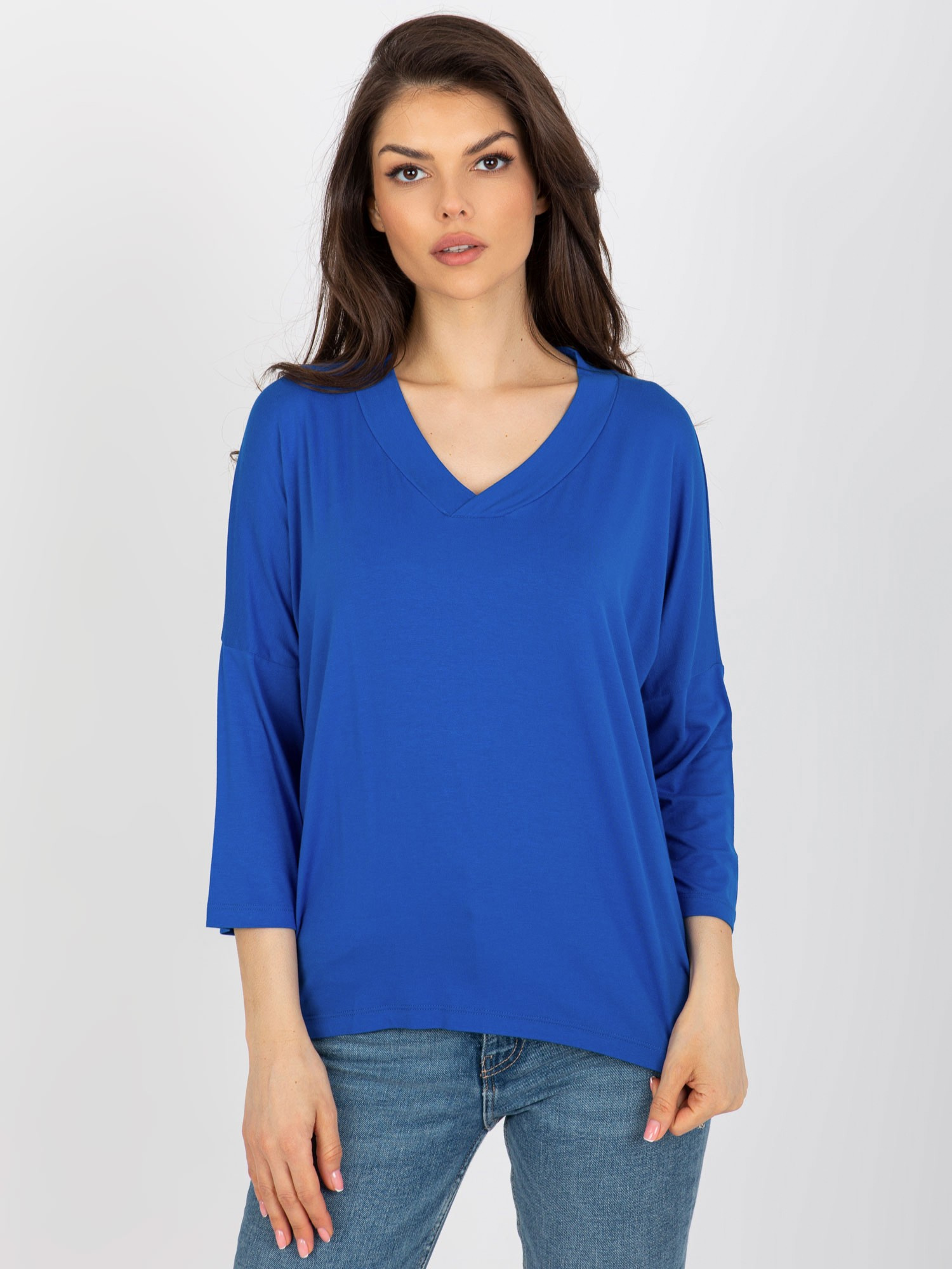 Modrá jednofarebná blúzka s 3/4 rukávom RV-BZ-8630.94-dark blue Veľkosť: ONE SIZE