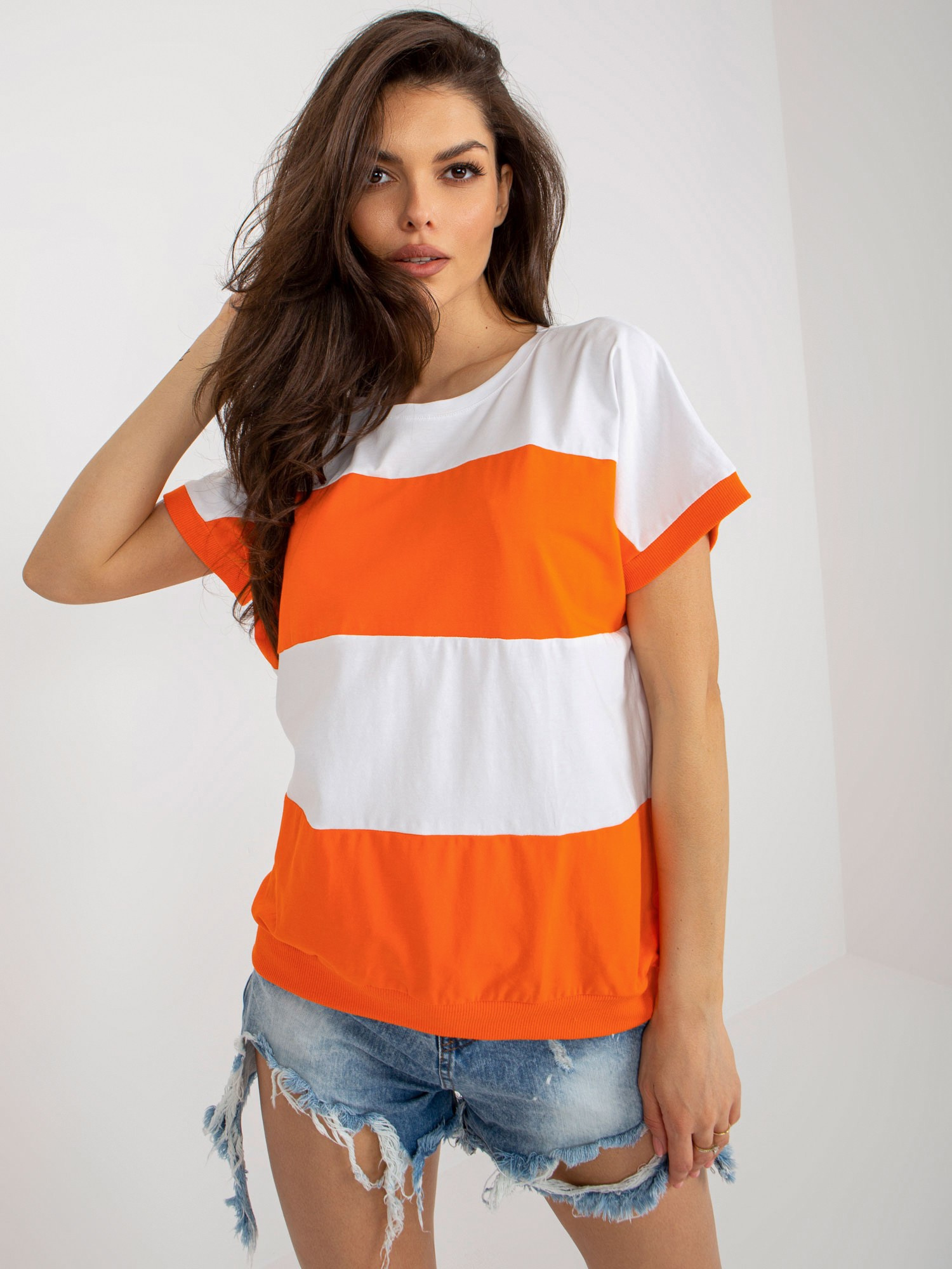 Oranžovo-biele jednofarebné pruhované tričko RV-BZ-8640.32X-orange Veľkosť: L/XL