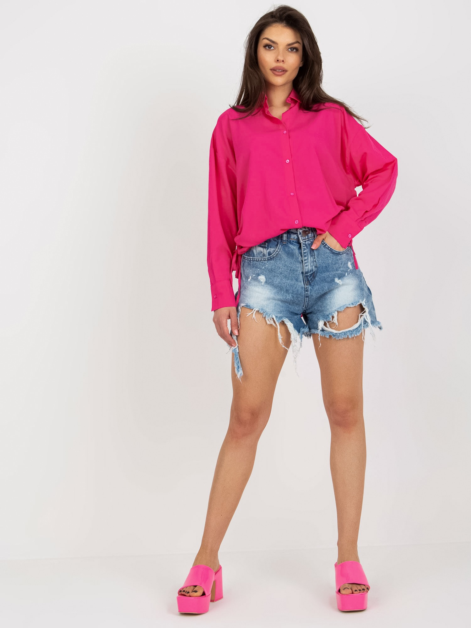 Tmavoružová košeľa so sťahovaním na bokoch TO-KS-7128.06X-dark pink Veľkosť: L