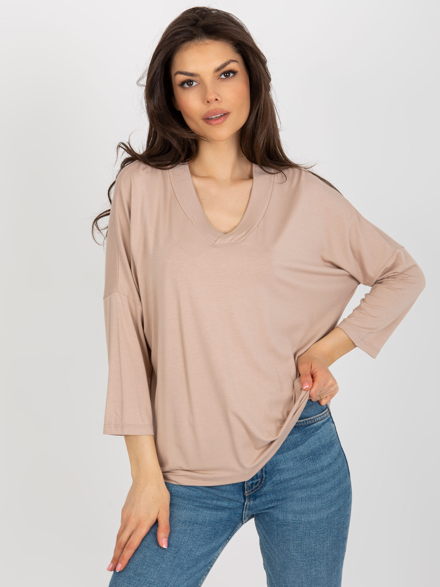 Béžová jednofarebná blúzka s 3/4 rukávom RV-BZ-8630.94-beige Veľkosť: ONE SIZE
