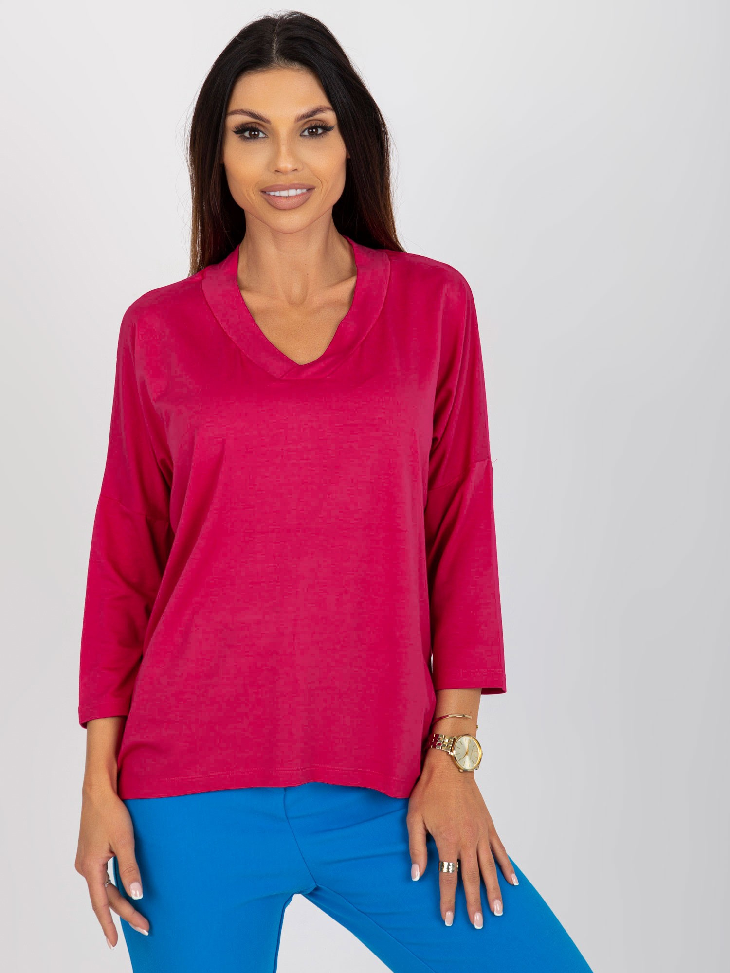 Fuchsiová jednofarebná blúzka s 3/4 rukávom RV-BZ-8630.94-fuchsia Veľkosť: ONE SIZE