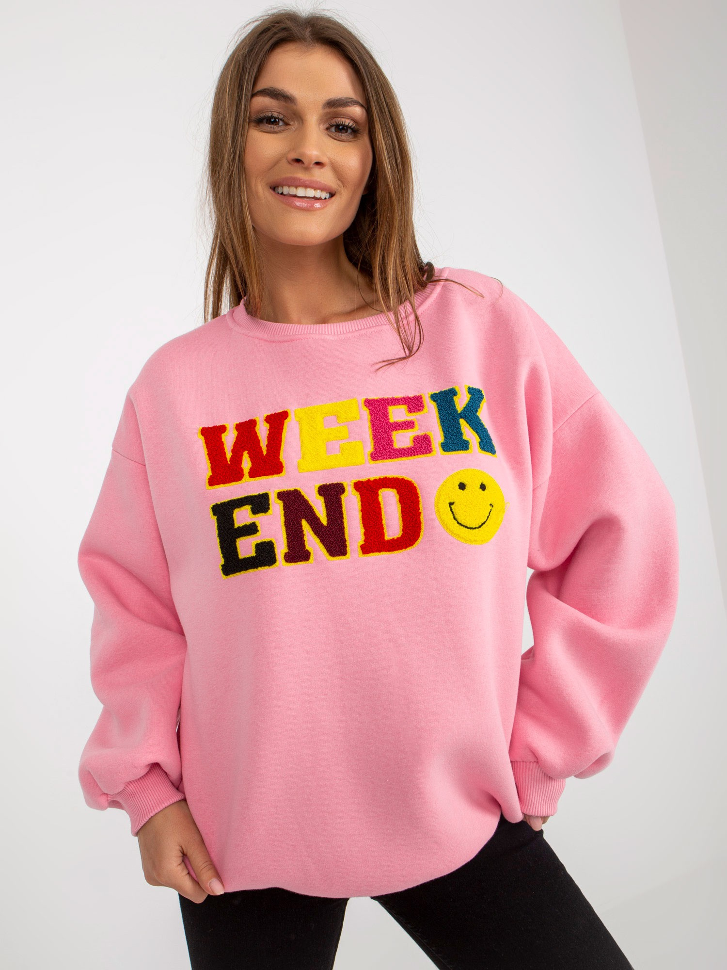 Ružová mikina bez kapucne s nápisom WEEKEND EM-BL-617-6.07P-pink Veľkosť: ONE SIZE