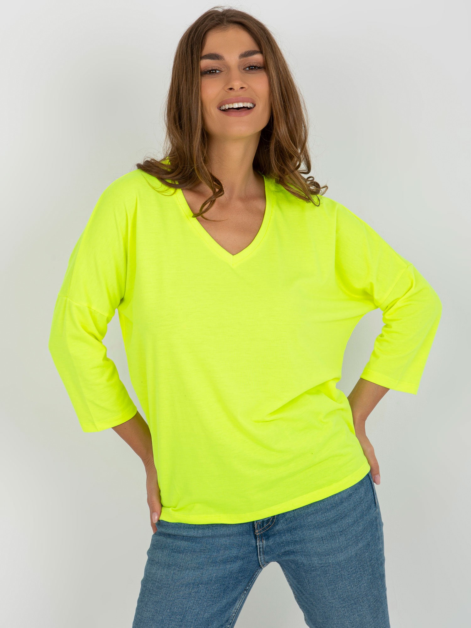 Neónovo žltá jednofarebná blúzka s 3/4 rukávom RV-BZ-7663.05-fluo yellow Veľkosť: ONE SIZE