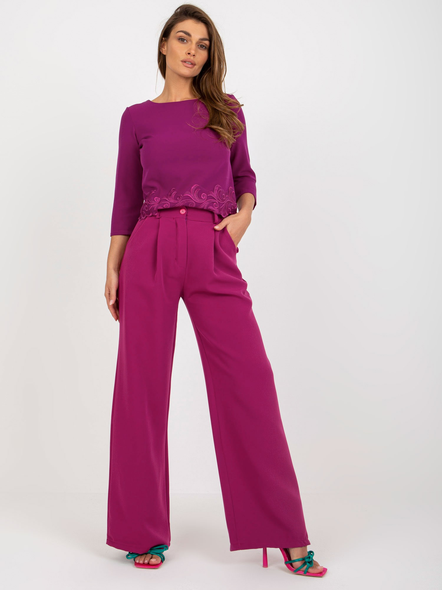 Fuchsiové elegantné široké nohavice DHJ-SP-15679-1.92P-fuchsia Veľkosť: XL